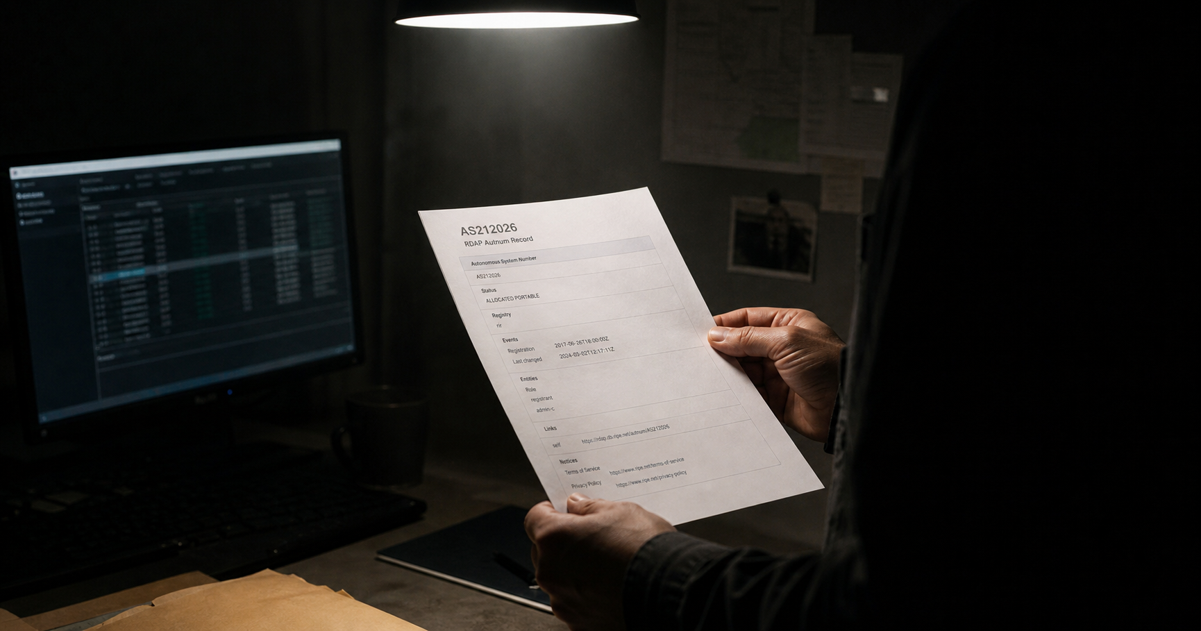 A person in a dimly lit room holding a document that represents the sole public evidence for a registry contact.