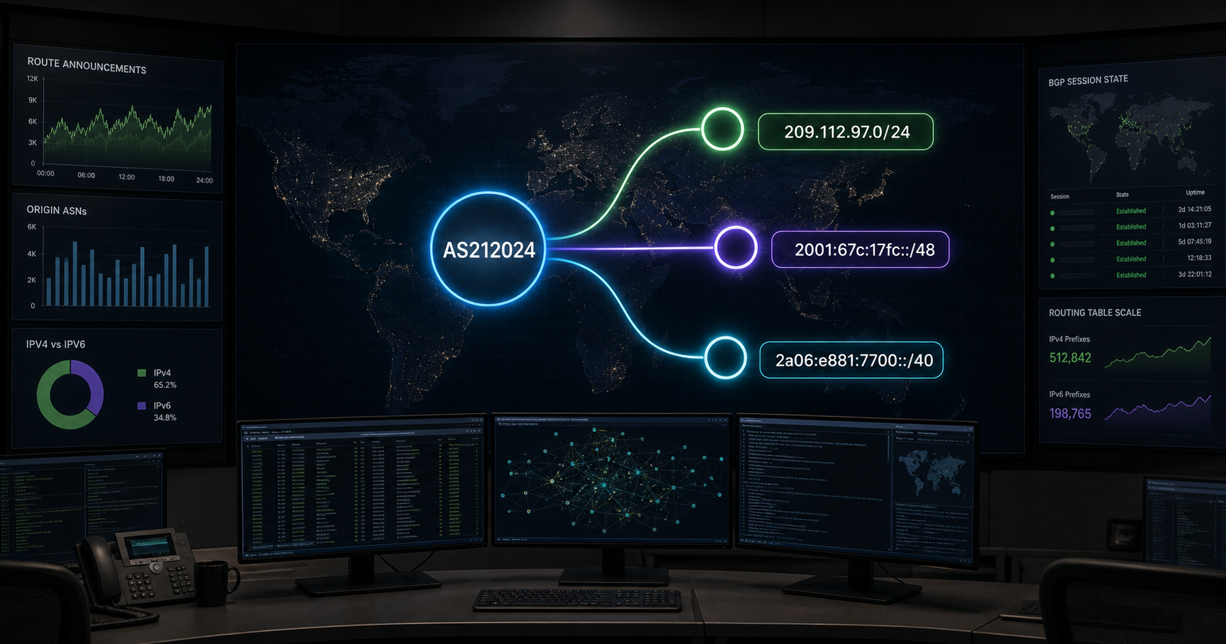 Illustration of a network node representing AS212024 with its three announced prefixes.