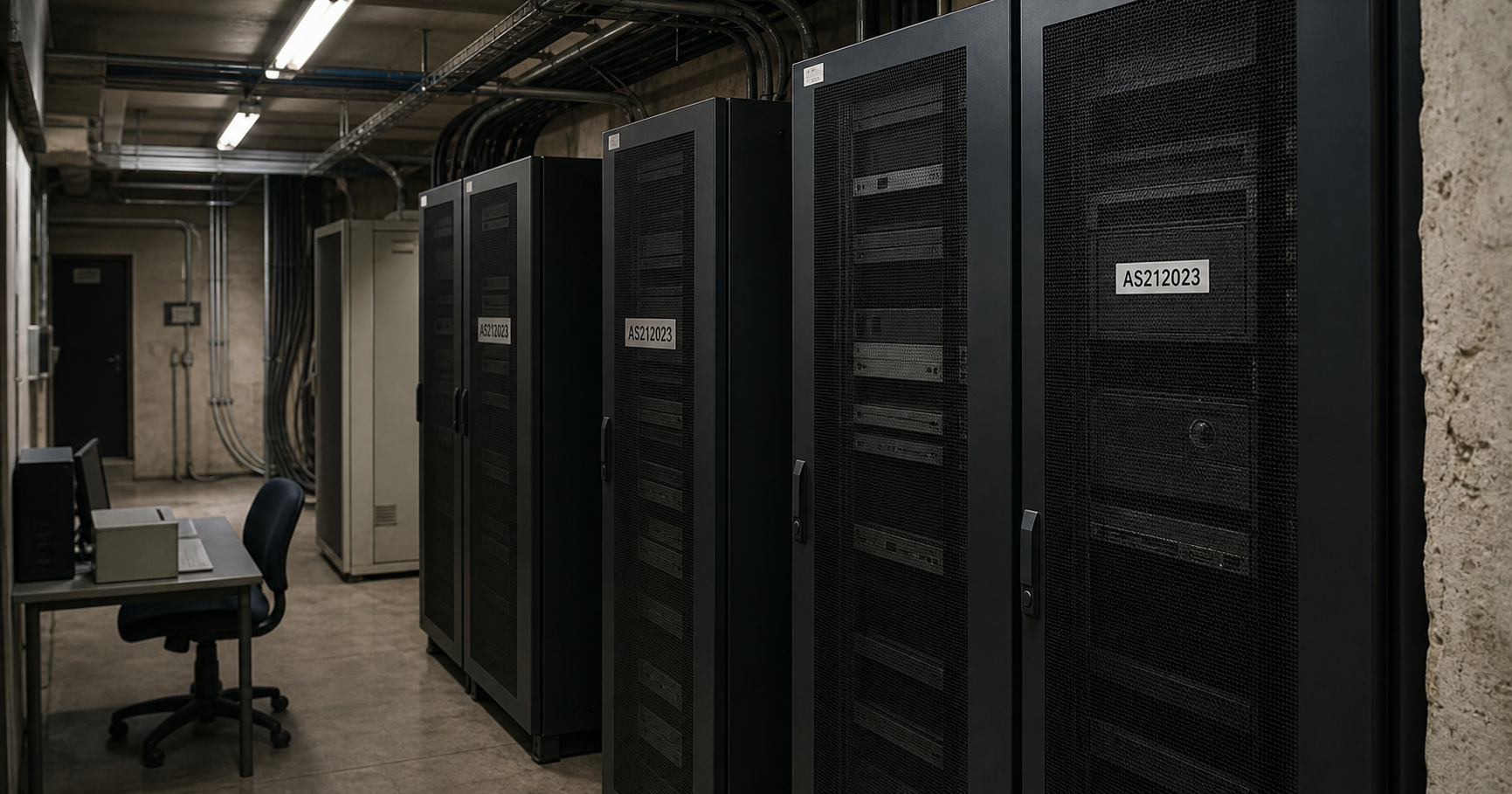 Server room with dormant racks labeled AS212023, monitor showing RIPE database page.