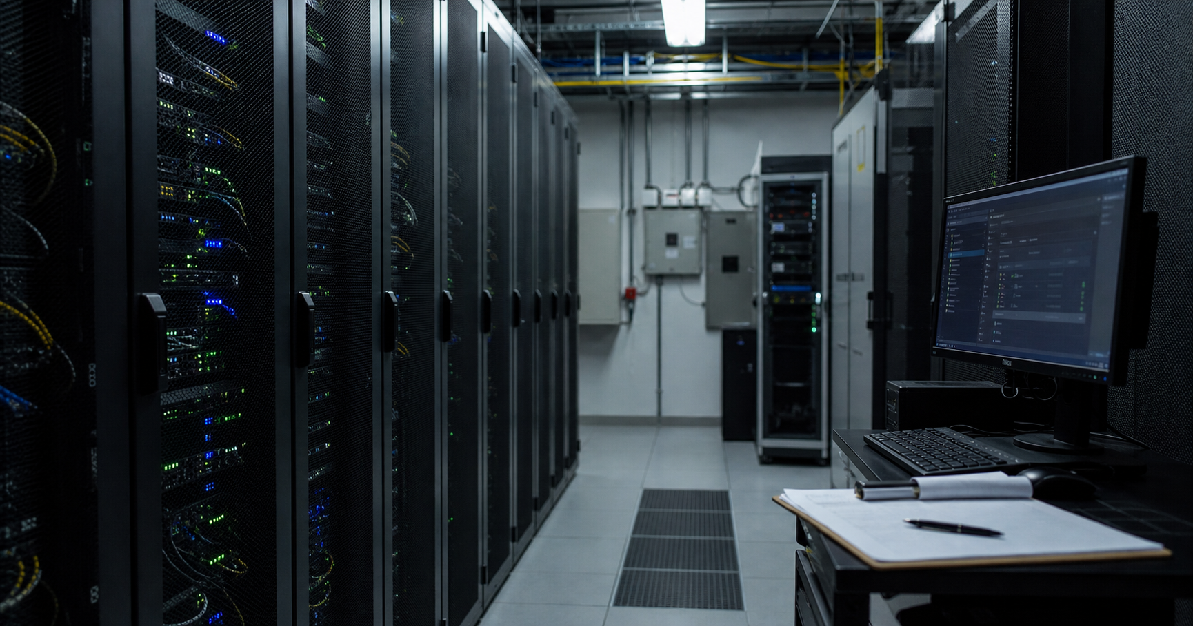Shadowy server room with a single rack containing a blinking router labeled AS212015.
