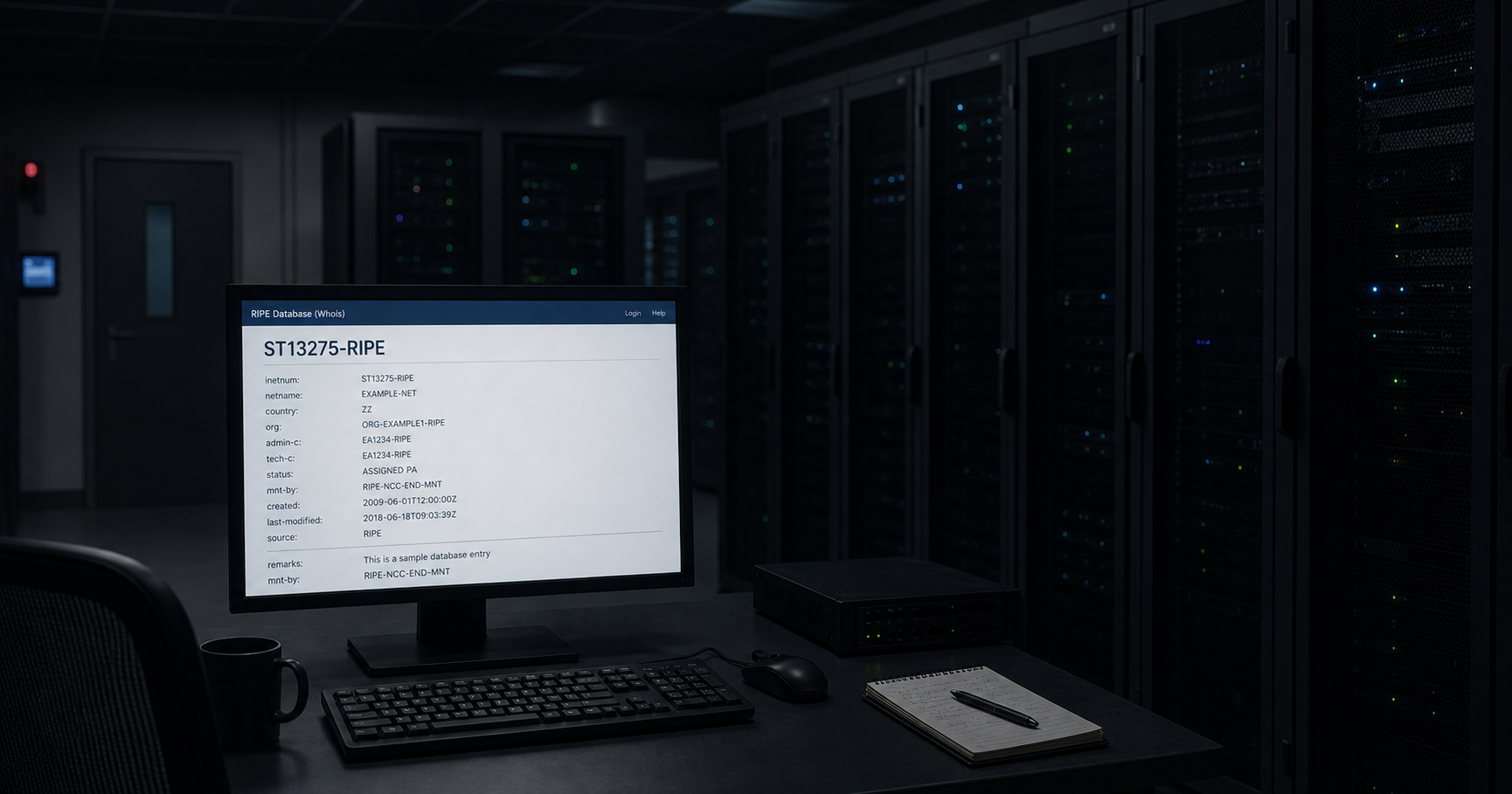 Server room with monitor showing RIPE database entry for ST13275-RIPE.