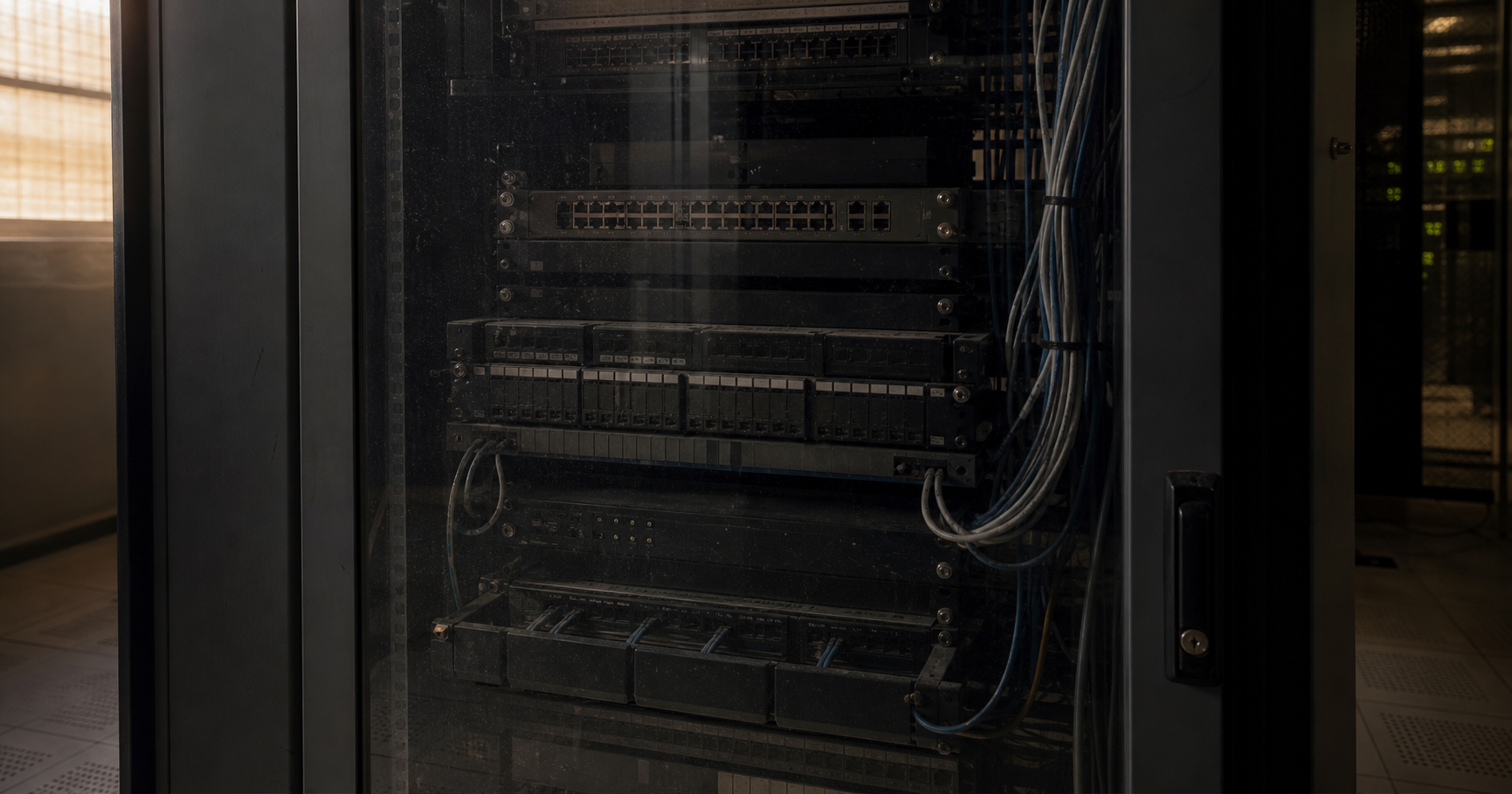 A dusty glass cabinet in a dimly lit server room holding a binder labeled AS212012, with unplugged cables and a monitor showing a dormant RDAP record.