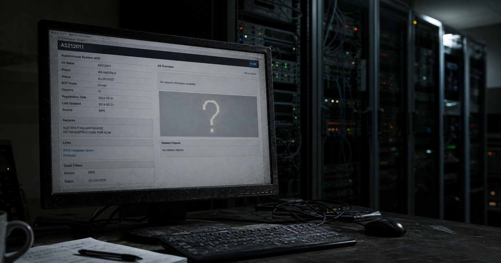 A dormant network registration for AS212011 waiting for activation.