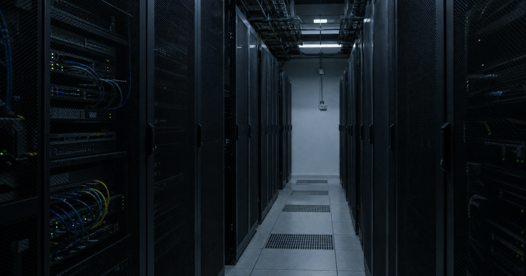 A dark data center aisle with a solitary rack labeled AS212010, empty patch panels, and a single blinking amber light, symbolizing latent network potential.