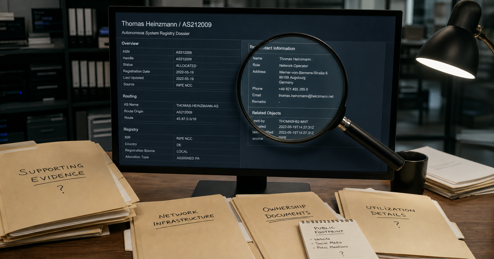 AI-generated editorial image for Thomas Heinzmann showing the operating context described by verified sources: The only observable role is a formal registry contact designation for AS212009; no evidence of active network management, service provisioning, or corporate authority exists.