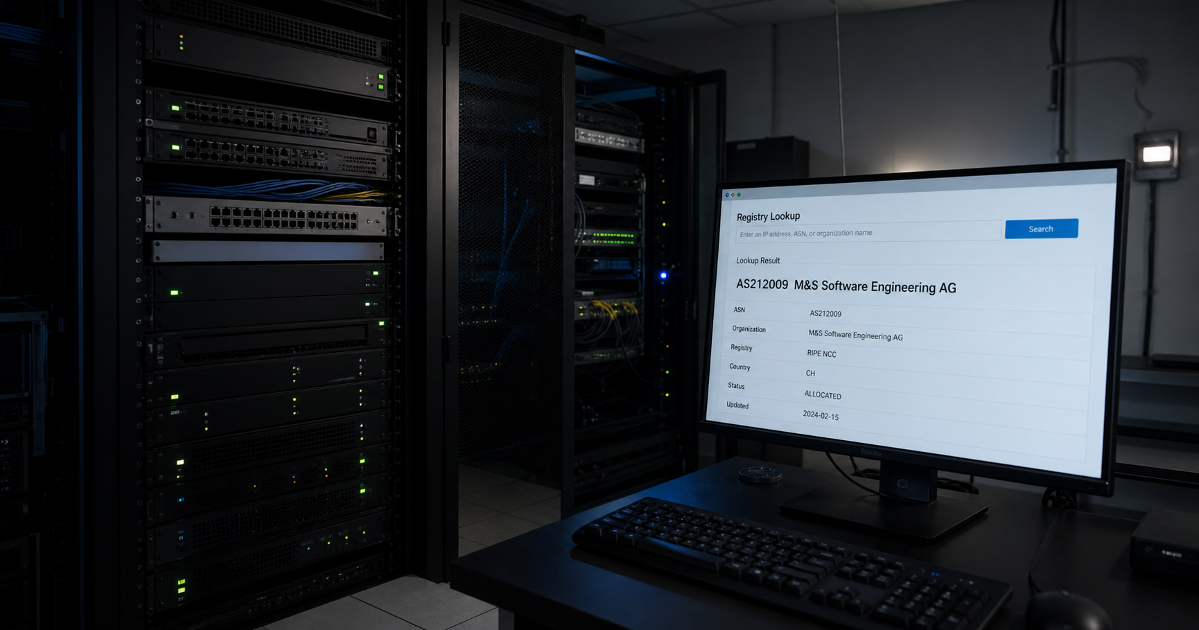 Unused server rack with a monitor displaying RIPE NCC database entry for M&S Software Engineering AG AS212009.