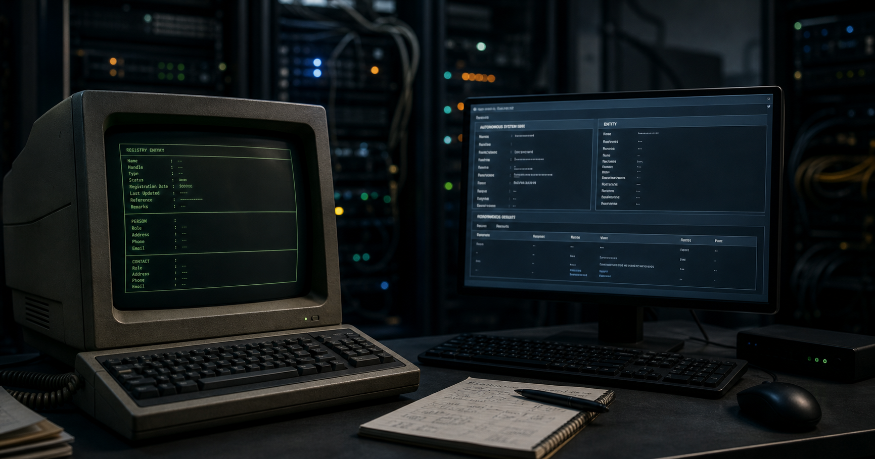 A dimly lit server room with a vintage CRT monitor displaying a green-on-black terminal output of the RIPE NCC WHOIS lookup for AS212003.