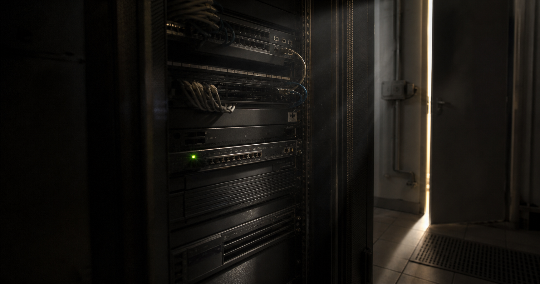 Dark server room with a dormant rack and a monitor showing a RIPE RDAP record.