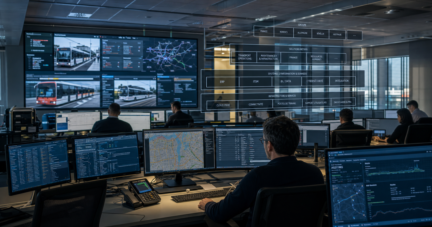 Operators in a transport center watch dashboards while a holographic projection of the TBIS legal entity and AS211965 symbolizes hidden digital governance.