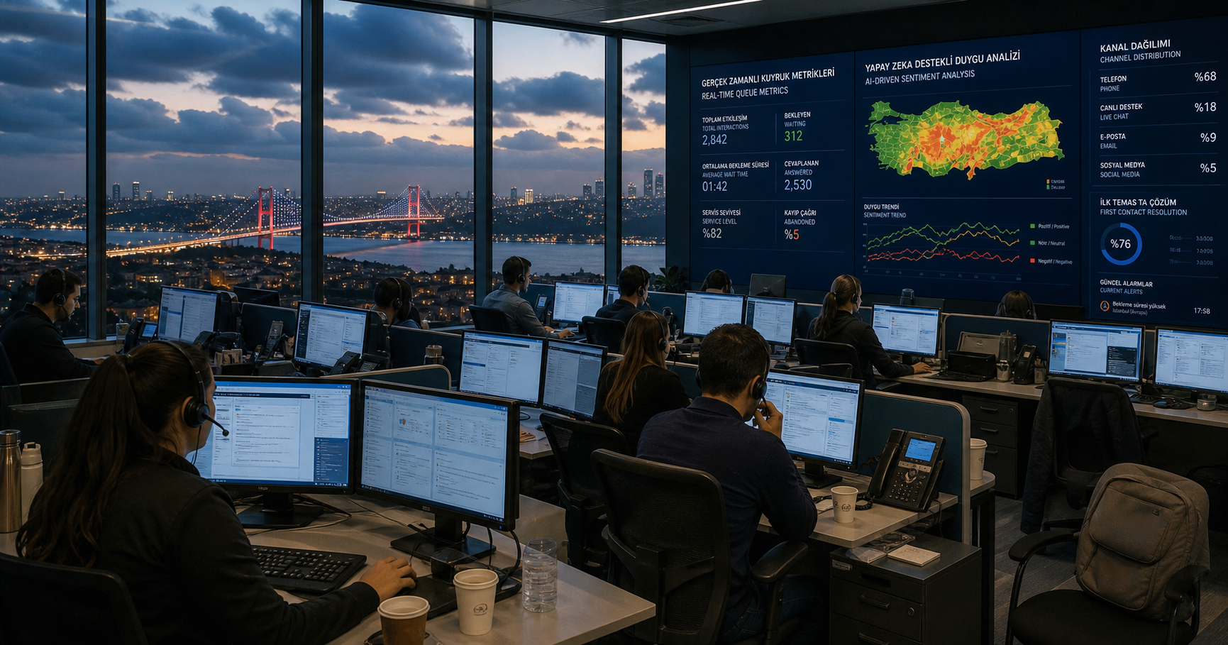 Contact center floor with agents under AI-monitored queues, Istanbul skyline visible.