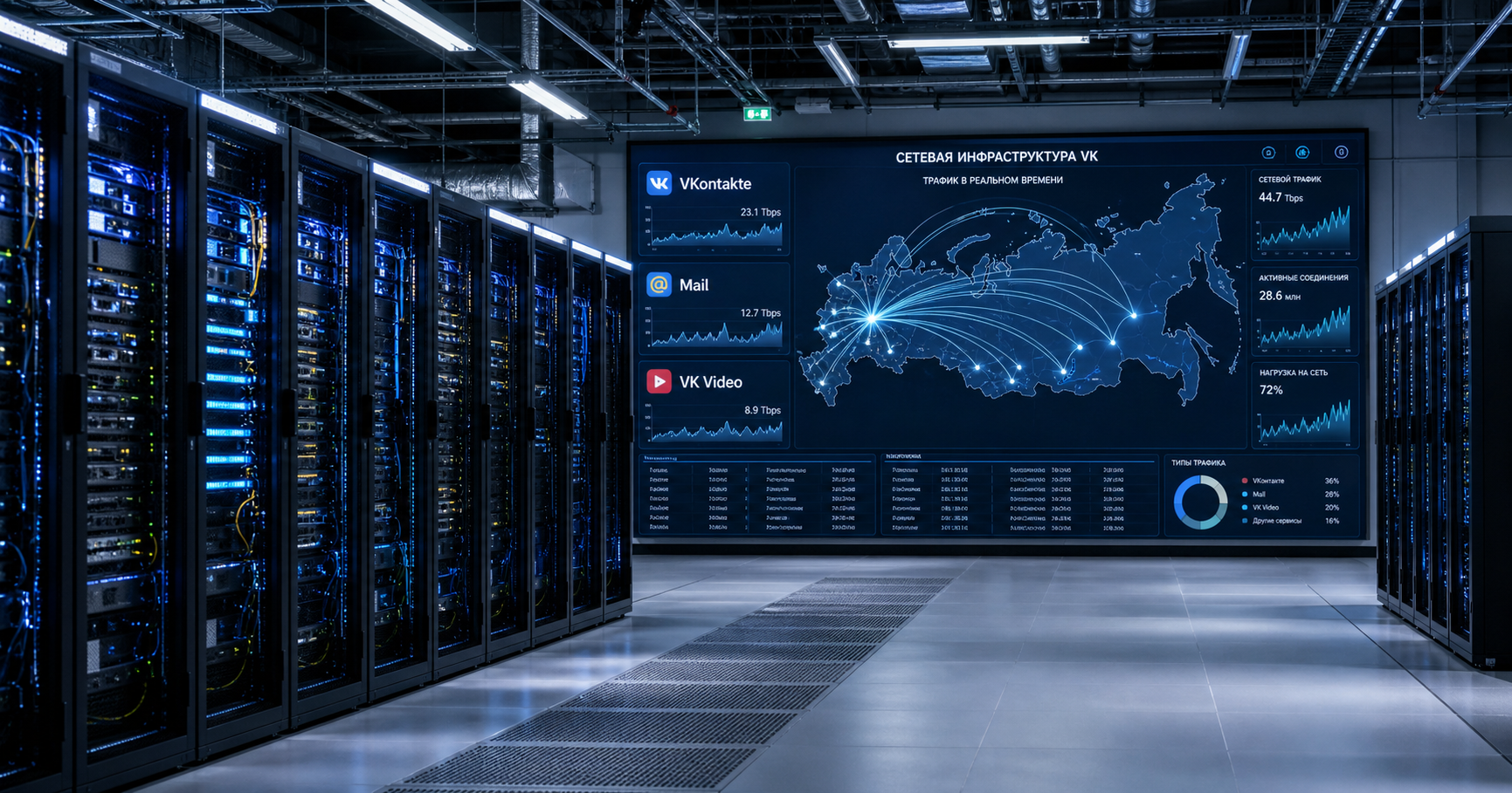 VK data center network operations center showing real-time traffic across Russia.