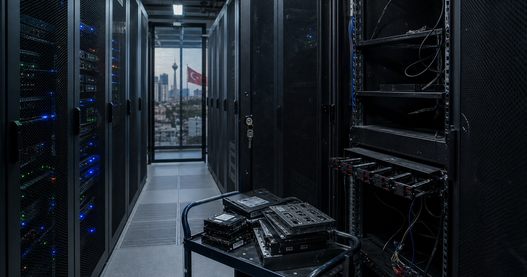 A dimly lit server room with a rack-mounted server blinking red, and a monitor showing a suspended hosting account with a countdown timer.