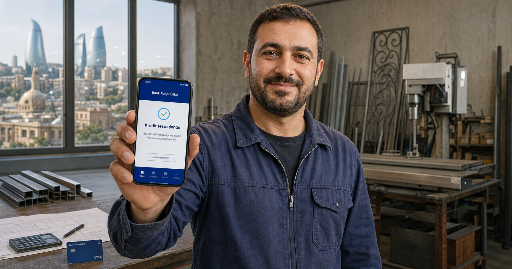 A small business owner in Baku receives a loan approval via Bank Respublika's mobile app, symbolizing the bank's role in financing local entrepreneurship with development-fund support.