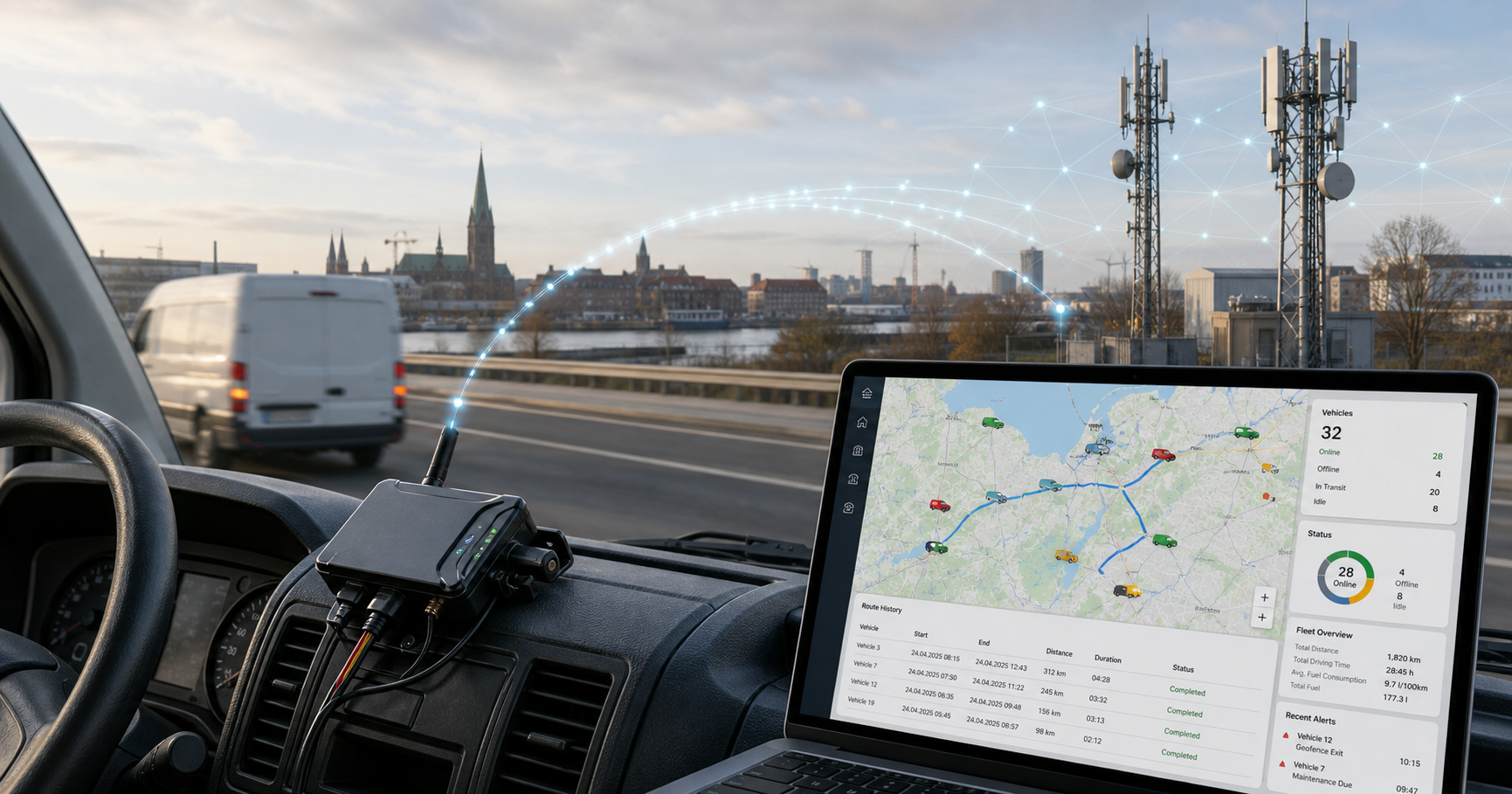 A GPS tracking device mounted in a vehicle dashboard streams location data over a cellular connection to a web portal interface, with a map and telemetry, while network nodes and a German city skyline (Rostock) appear in the background.