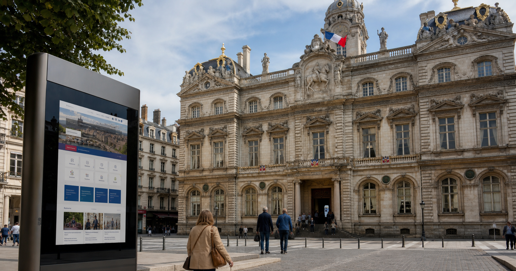 Wide-angle view of Lyon City Hall at Place de la Comédie with tricolor flag, citizens entering for services, and a digital kiosk showing the lyon.fr portal.