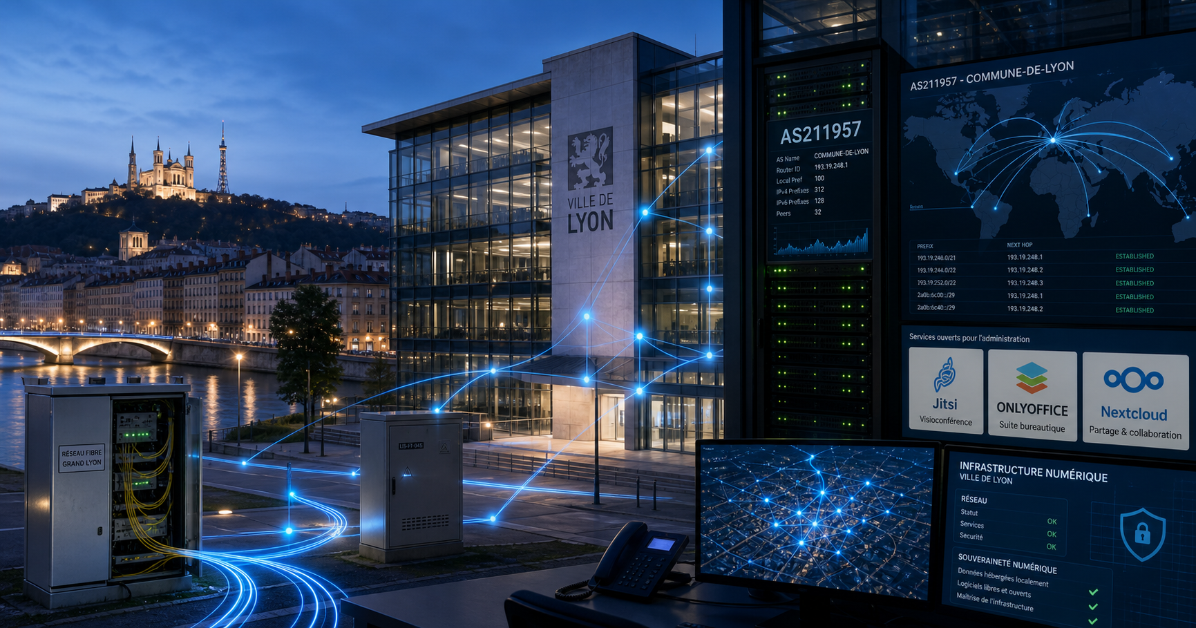 A stylized map of Lyon with digital network nodes connecting to a municipal building, overlaid with open-source icons, symbolizing the city's dual internet routing and open-source IT strategy.