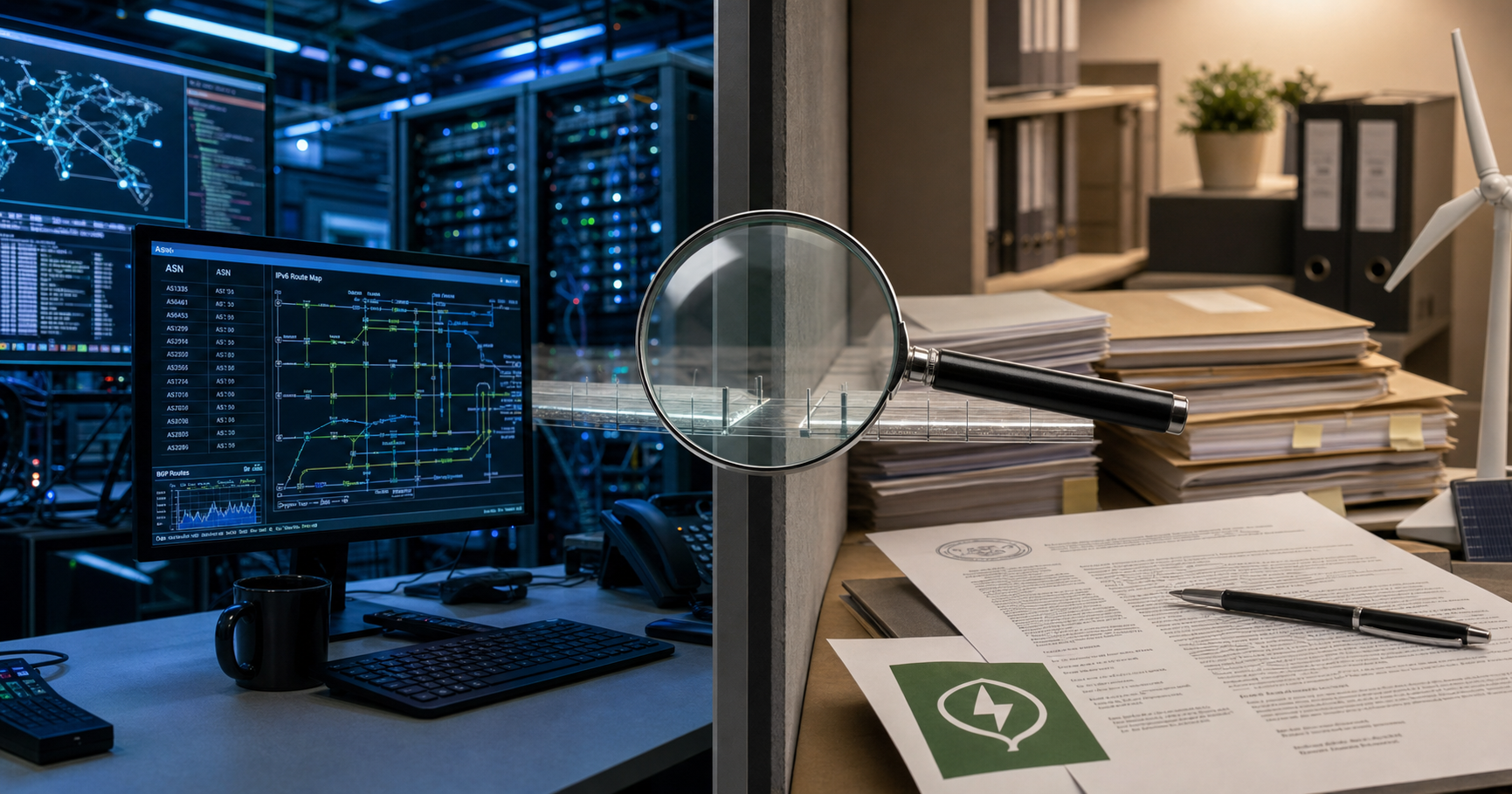 A split composition showing a network operations dashboard on the left and a corporate registry document on the right, connected by a translucent bridge with a magnifying glass over the gap.