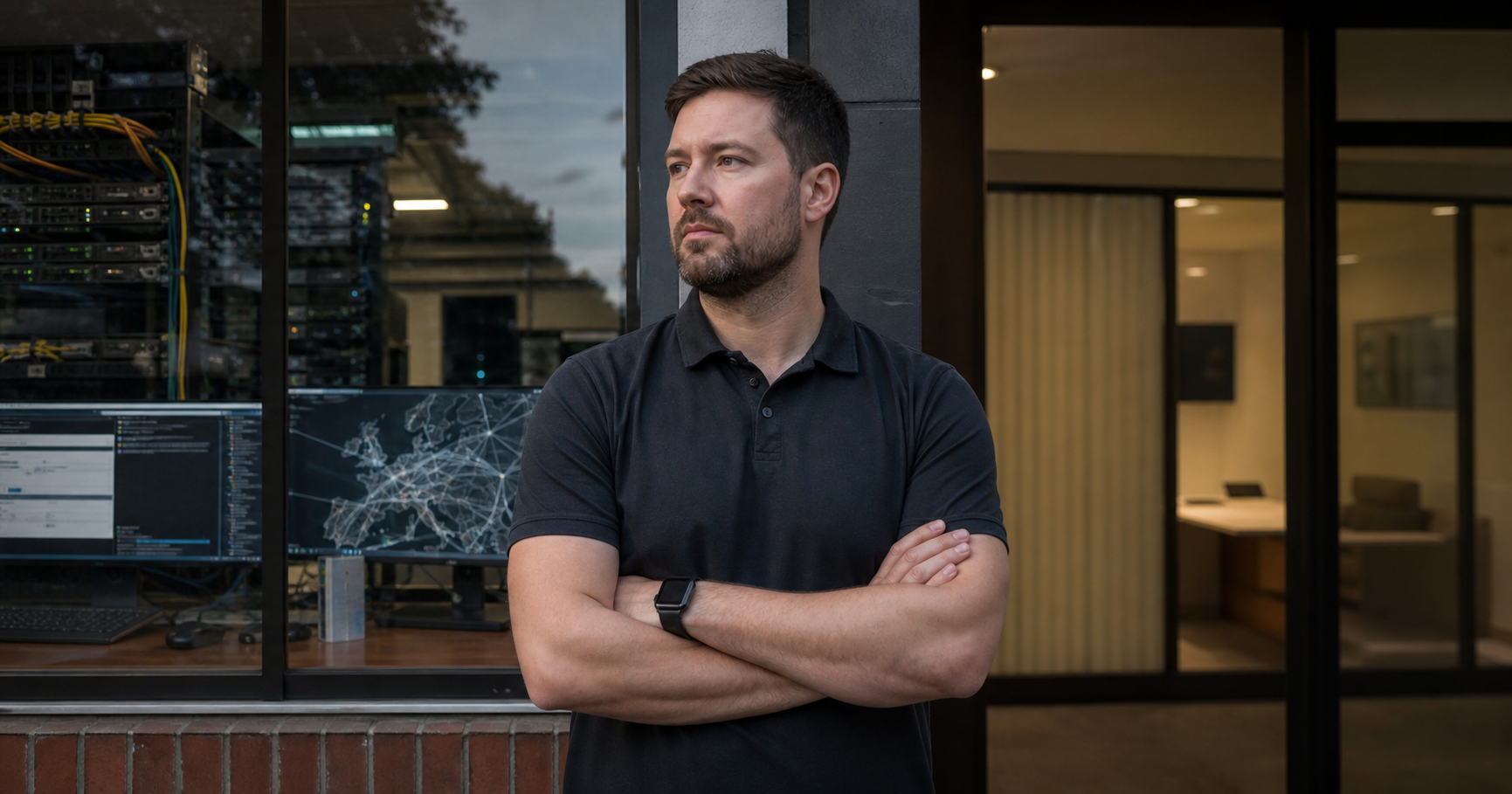 A professional illustration of a man standing between a server rack and a renewable energy workbench, representing the intersection of internet infrastructure and green technology.
