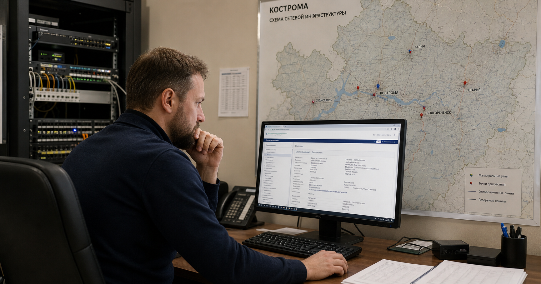 Illustration of an analyst reviewing a RIPE registry record for Igor A Piscov, with a map of Kostroma in the background, symbolizing concentrated control over regional internet infrastructure.