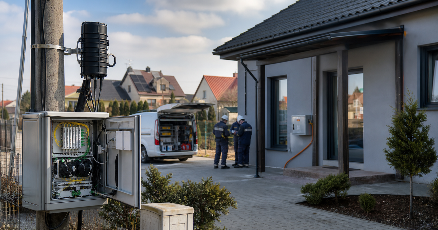 Promedia technician performing last‑mile fibre installation in Kluczbork.