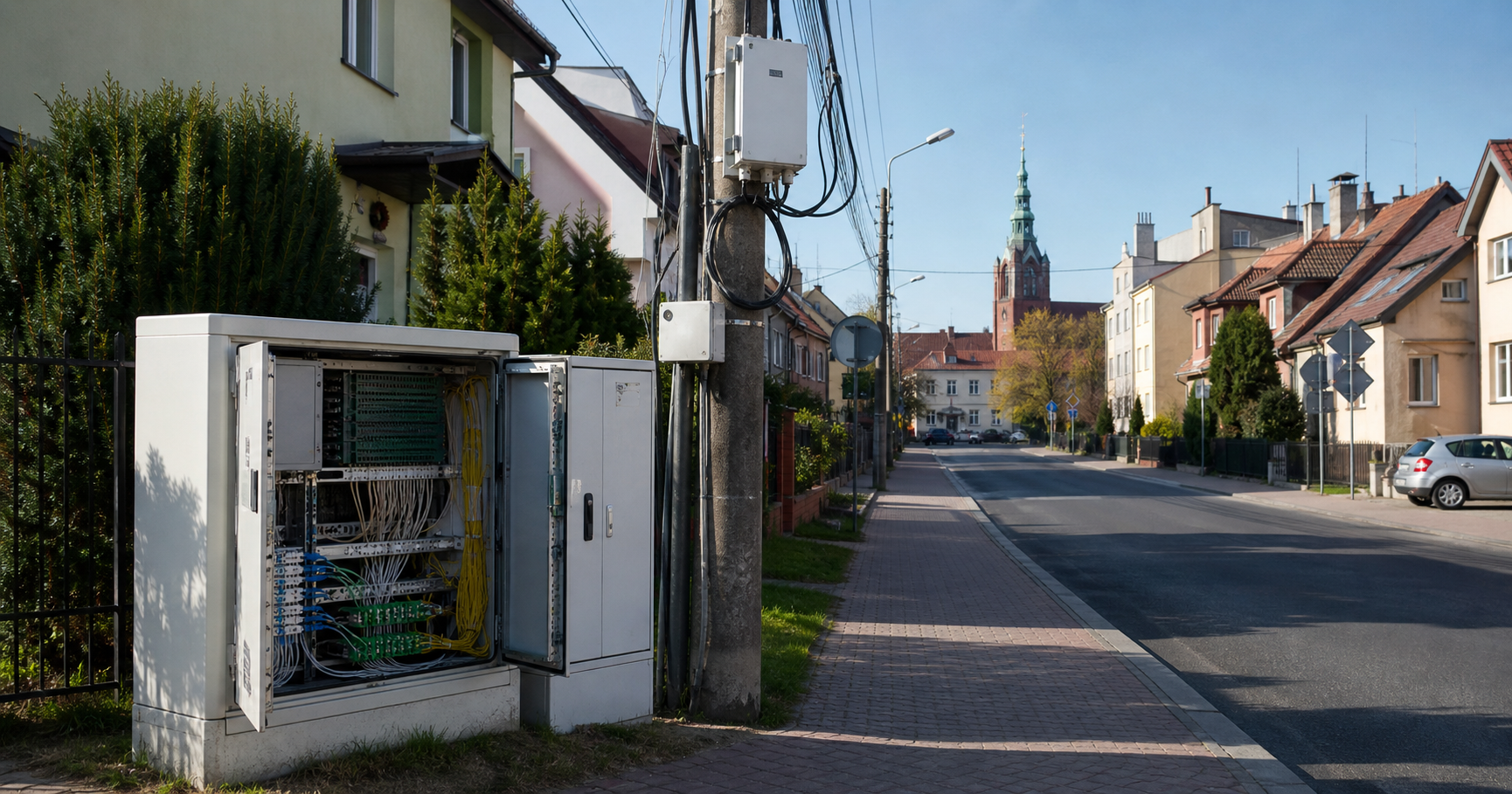 AI-generated editorial image for PROMEDIA Nowicki Wesołowski Spółka Jawna showing the public operating context described by verified sources: The company delivers last‑mile internet and digital television using its own fibre‑optic network and unlicensed wireless spectrum.