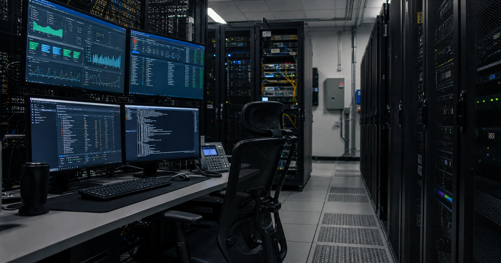 A dark network operations center with an empty chair and a monitor displaying 'IA6705-RIPE - IT Administrator' and a partial RIPE database record.