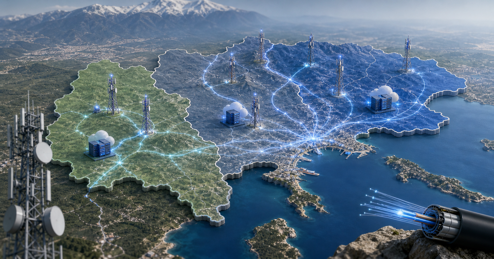 Map of Northern Greece highlighting GSNET's wireless and fiber service areas in Imathia, Thessaloniki, and Pella, with network symbols connecting to a cloud representing its managed services.