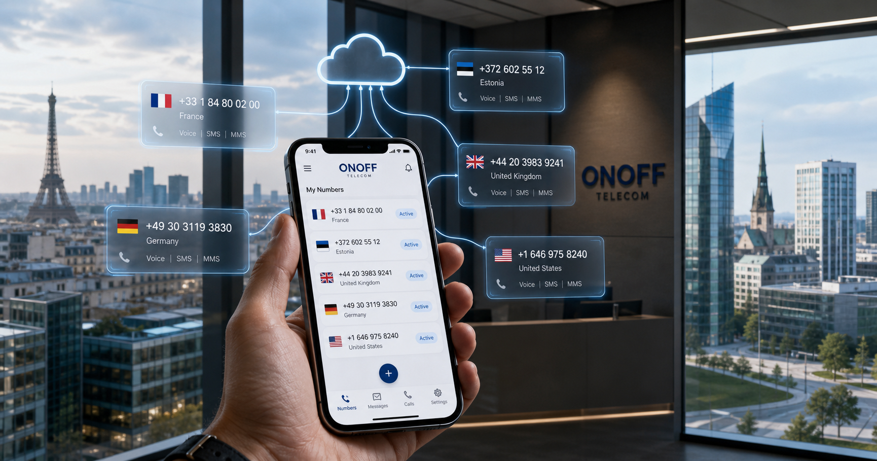A smartphone screen with multiple floating phone numbers connected to cloud icons, set against a blended Paris and Tallinn cityscape, representing Onoff's virtual number service.