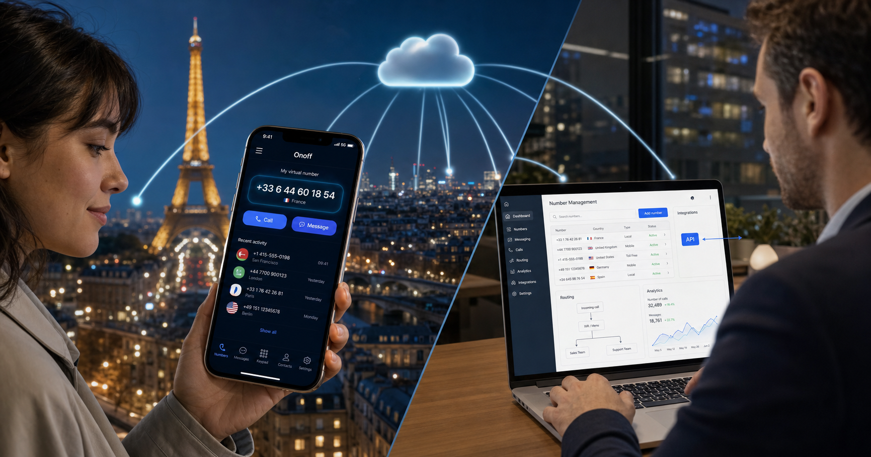Dual scene showing consumer and business use of Onoff cloud numbers with Paris skyline and connectivity lines.