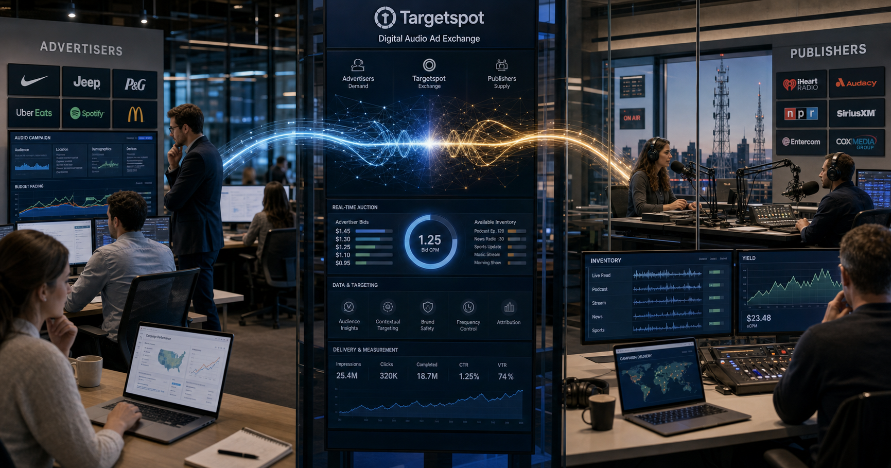 Digital soundwave flowing through a network of advertiser and publisher nodes, with a central Targetspot hub controlling the audio ad stream.