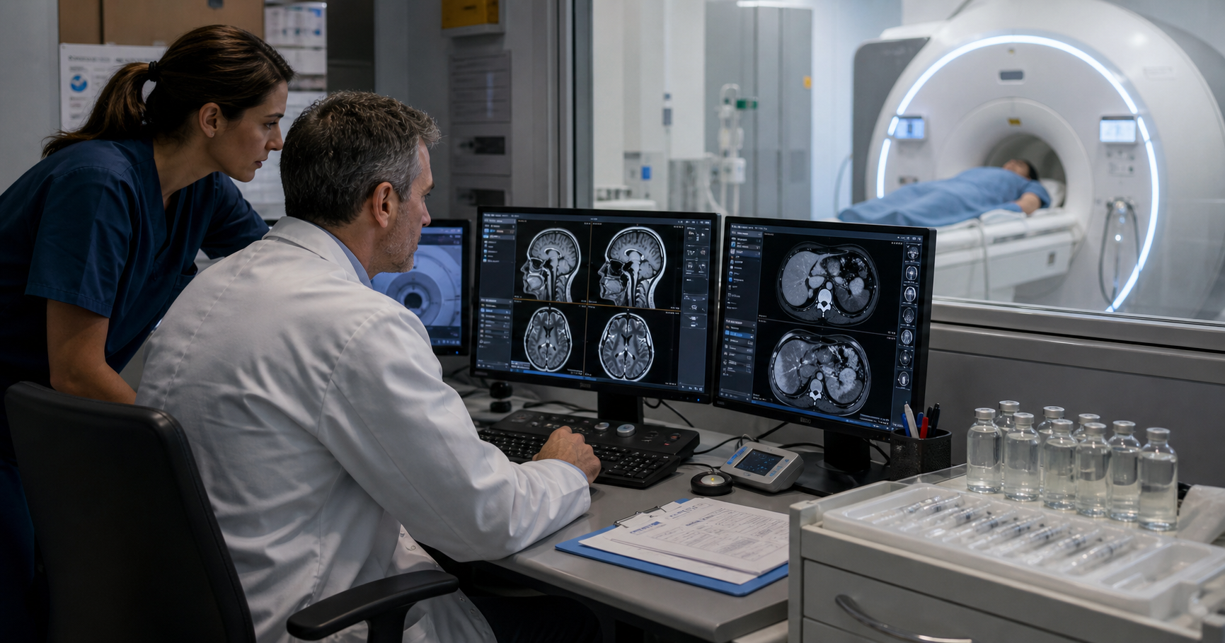 A radiologist studies a color-coded brain perfusion MRI on a monitor, with a vial of Bracco contrast agent on the injection station.