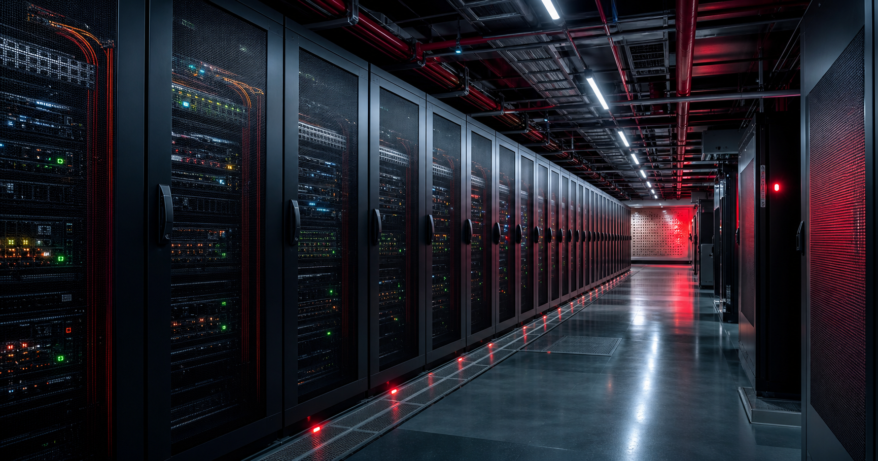 Interior of a state-of-the-art data centre with server racks and a network traffic dashboard, representing Ooredoo's digital infrastructure capabilities.