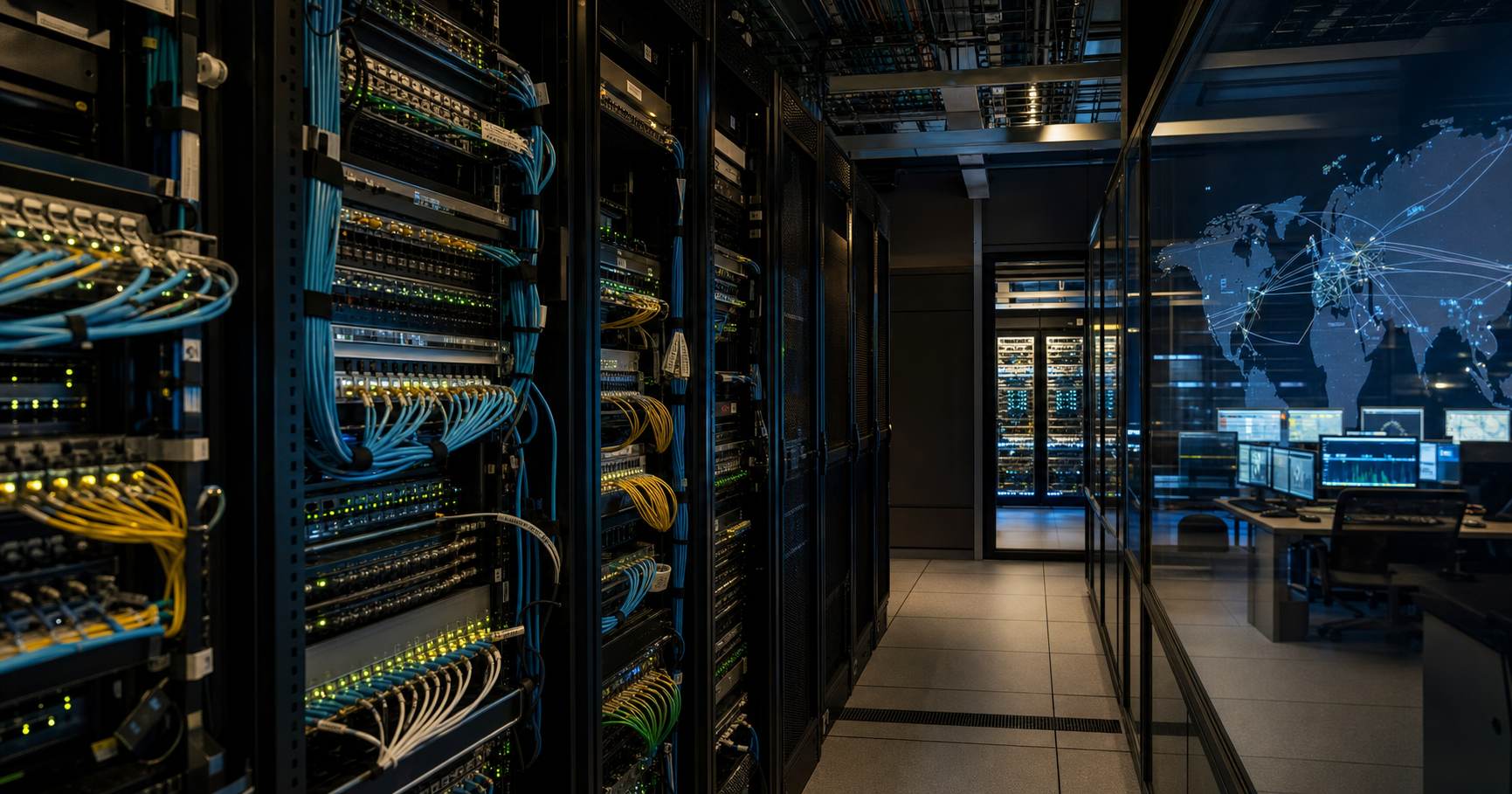 A low-light photograph of a carrier-neutral data center rack with fiber optic cables converging into a patch panel, glowing with faint traffic light, overlaid with a network map showing connections from Qatar to Marseille and cloud icons.