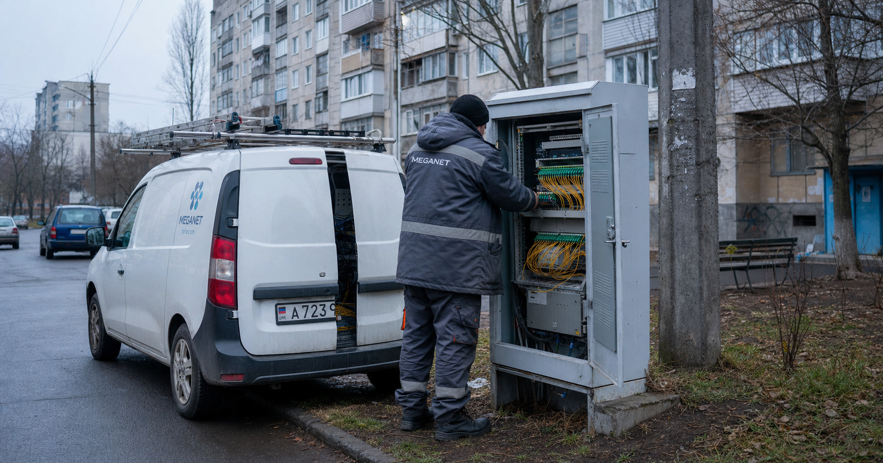 MEGANET technician connecting fiber to a home in Donetsk, with a resident watching, symbolizing local internet dependency.