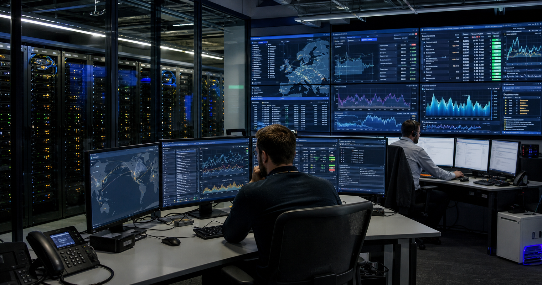 Network operations center showing Rackdog infrastructure monitoring and control surfaces.