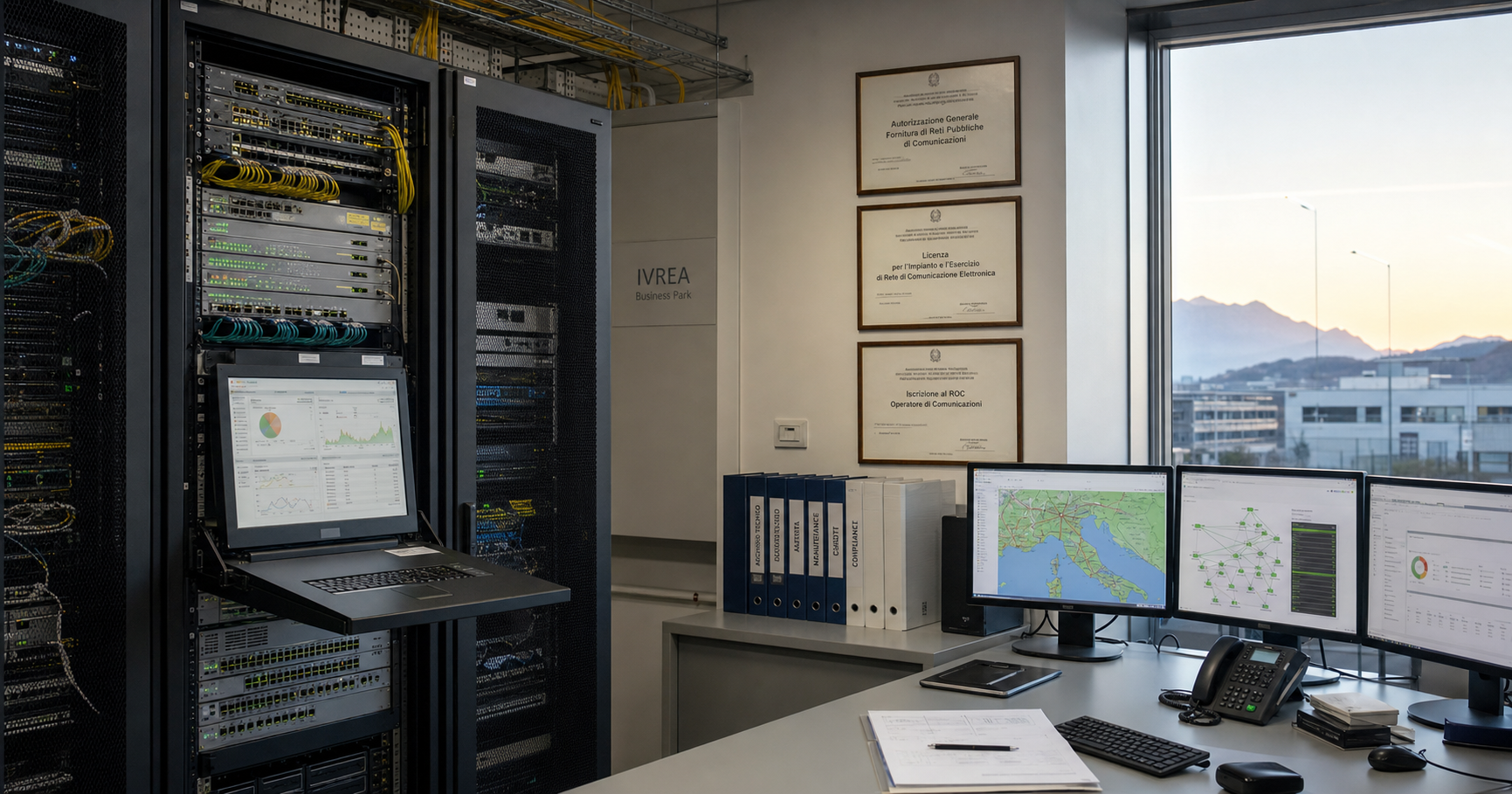 A softly lit server room in an Ivrea business park, early morning.