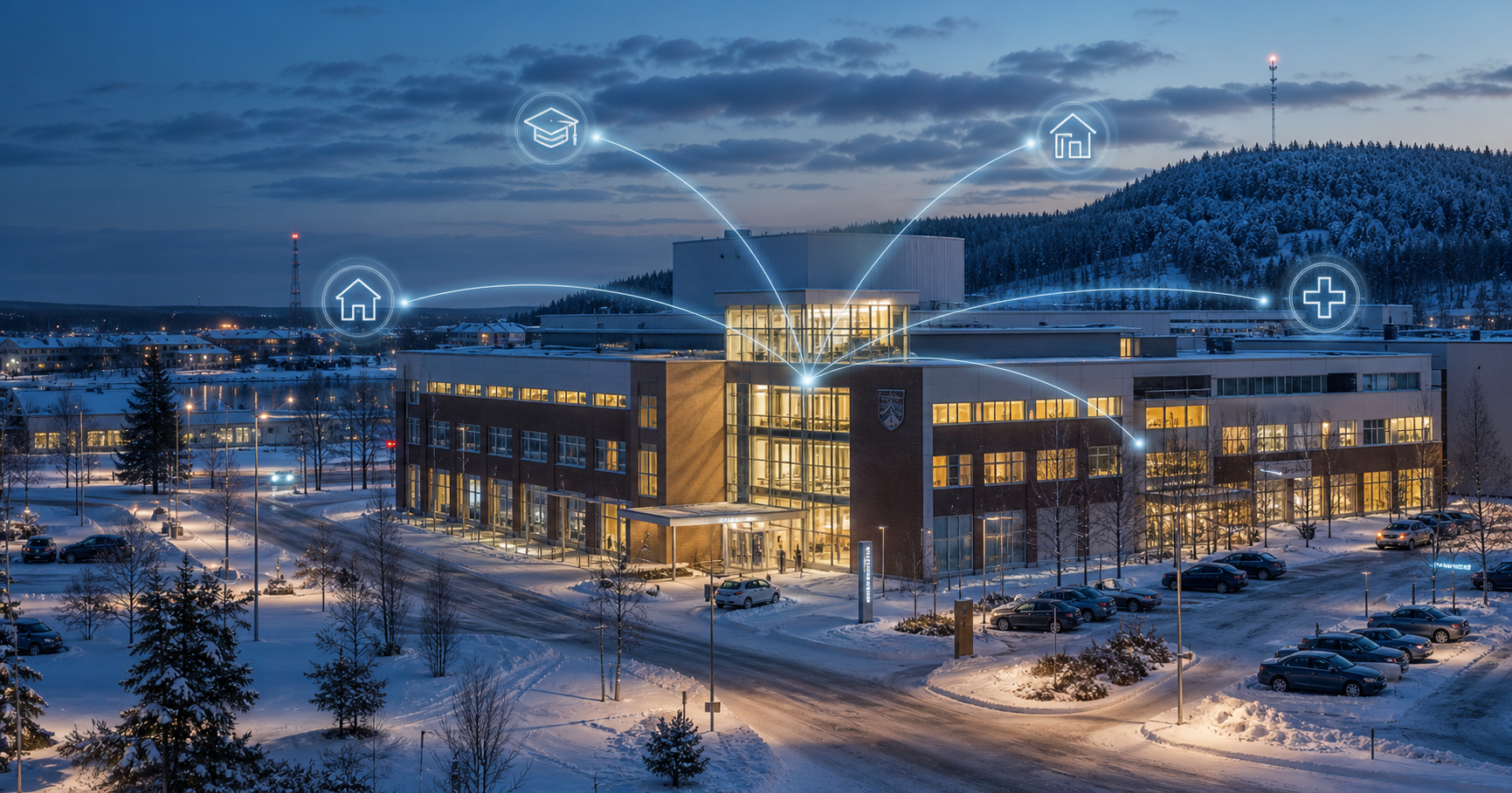 Kuusamo town hall at dusk with network connections overlay.
