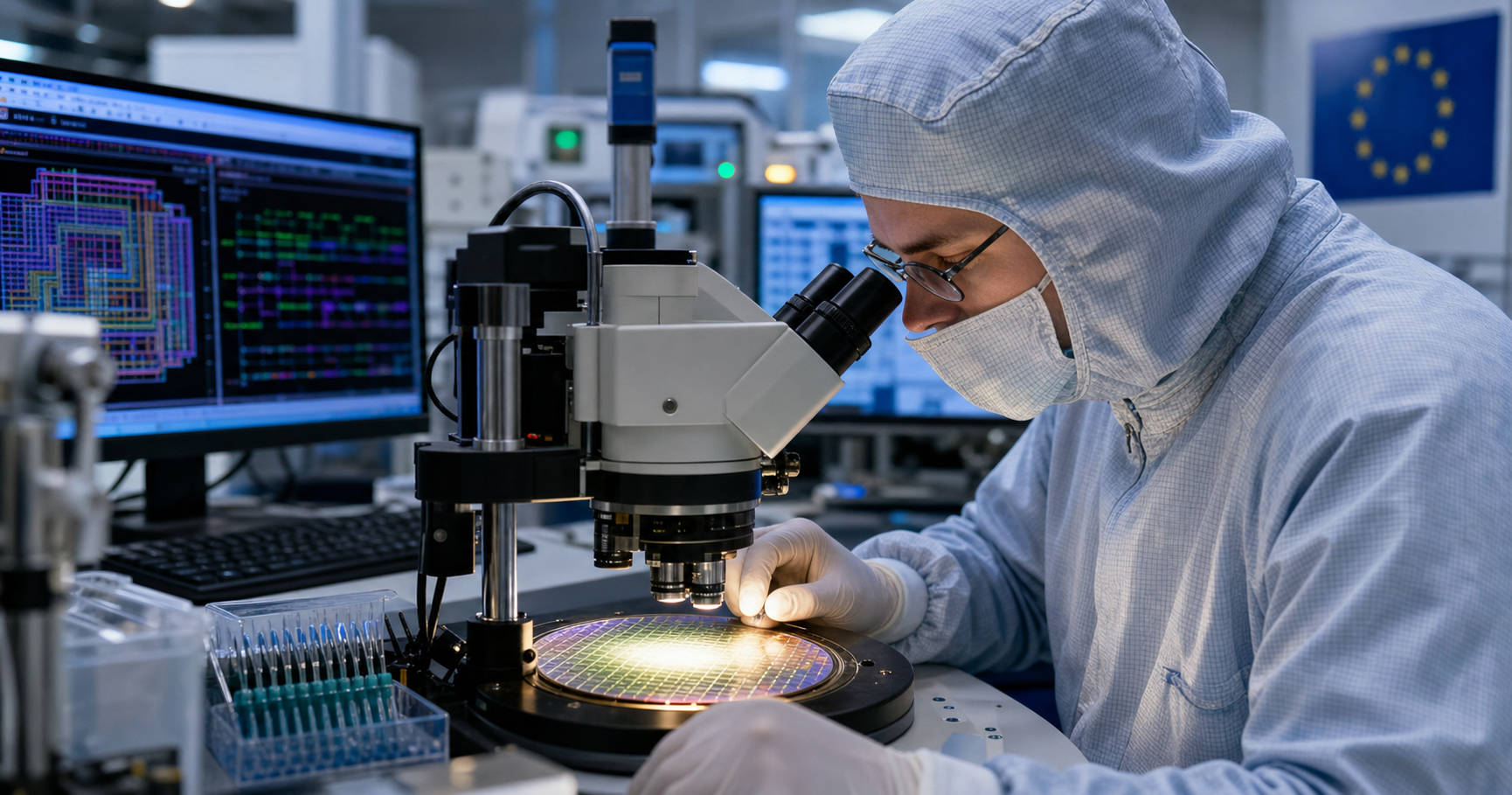 Engineer in cleanroom examining silicon wafer under microscope, with validation boards and SoC floorplan in background.