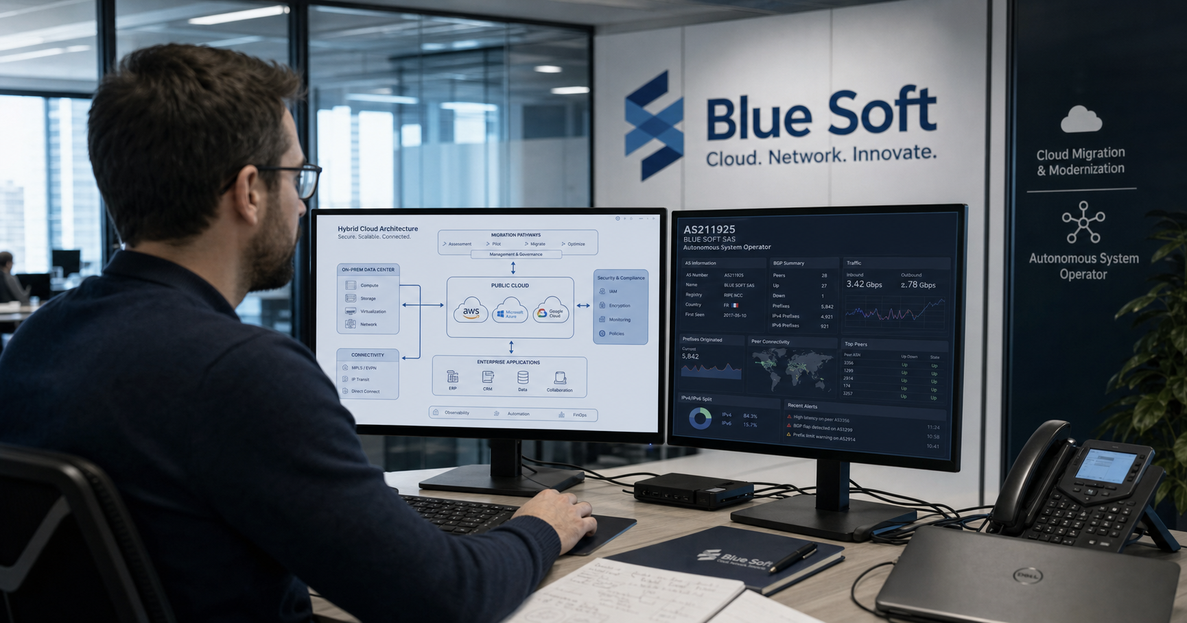 Blue Soft infrastructure architect monitoring AS211925 and a hybrid-cloud deployment.