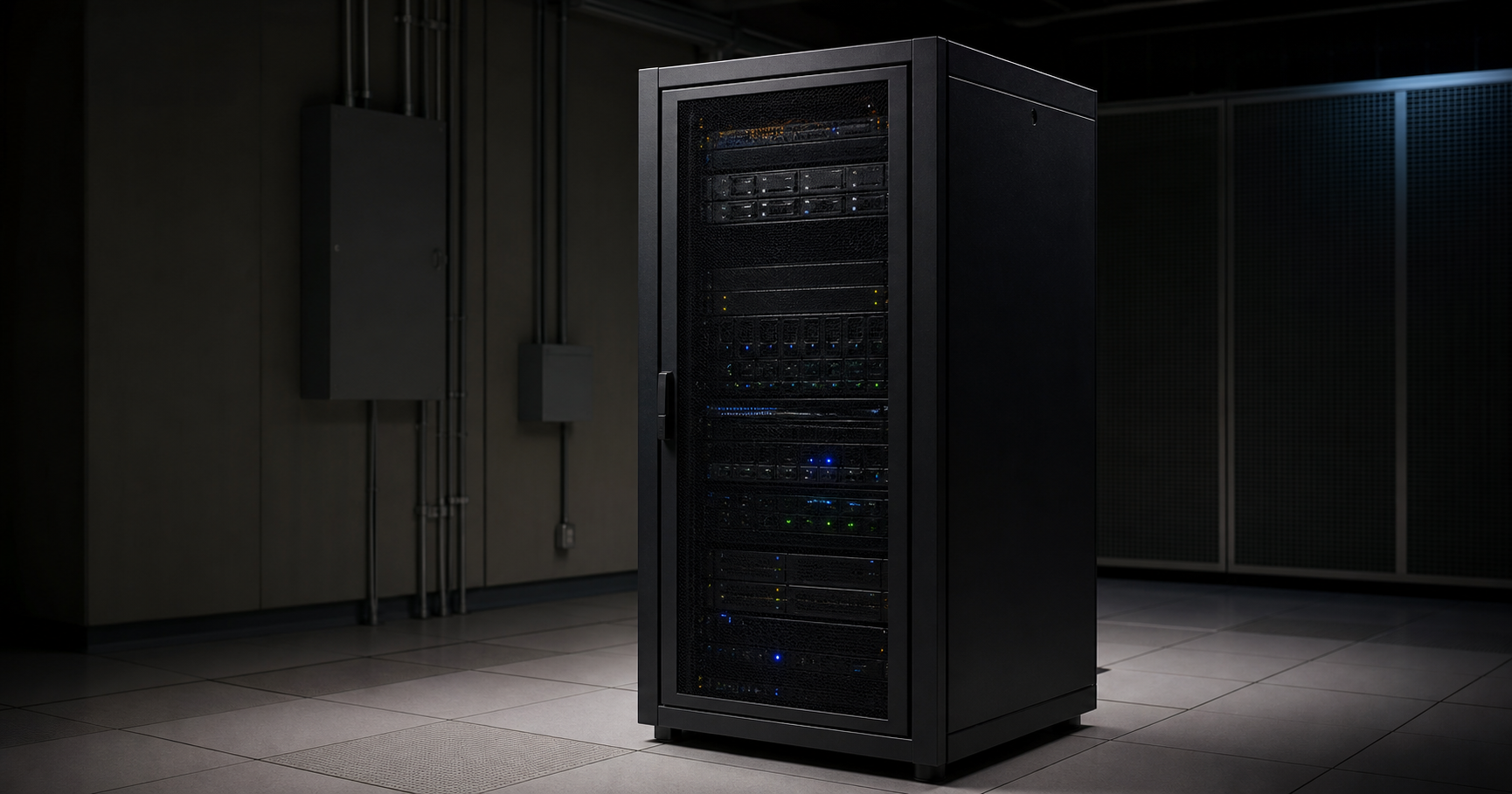 A dimly lit server room with a single rack.