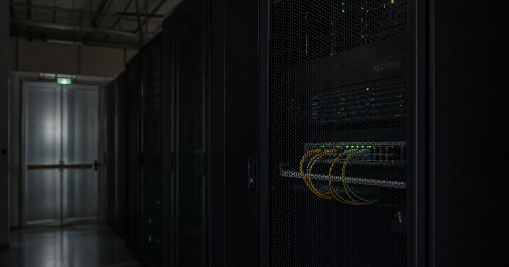 A dark server room with a single rack illuminated by a faint amber glow, representing the dormant AS211918 waiting to be activated.