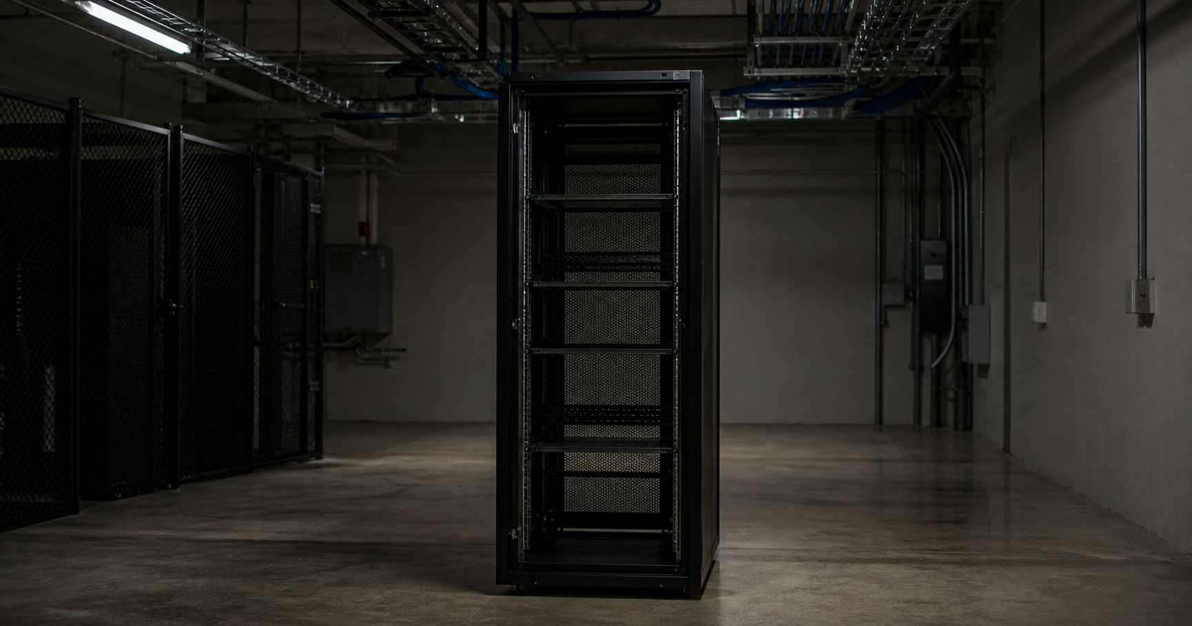 Dormant network rack with AS211916 registry on screen, symbolizing an inactive but potential internet operator.