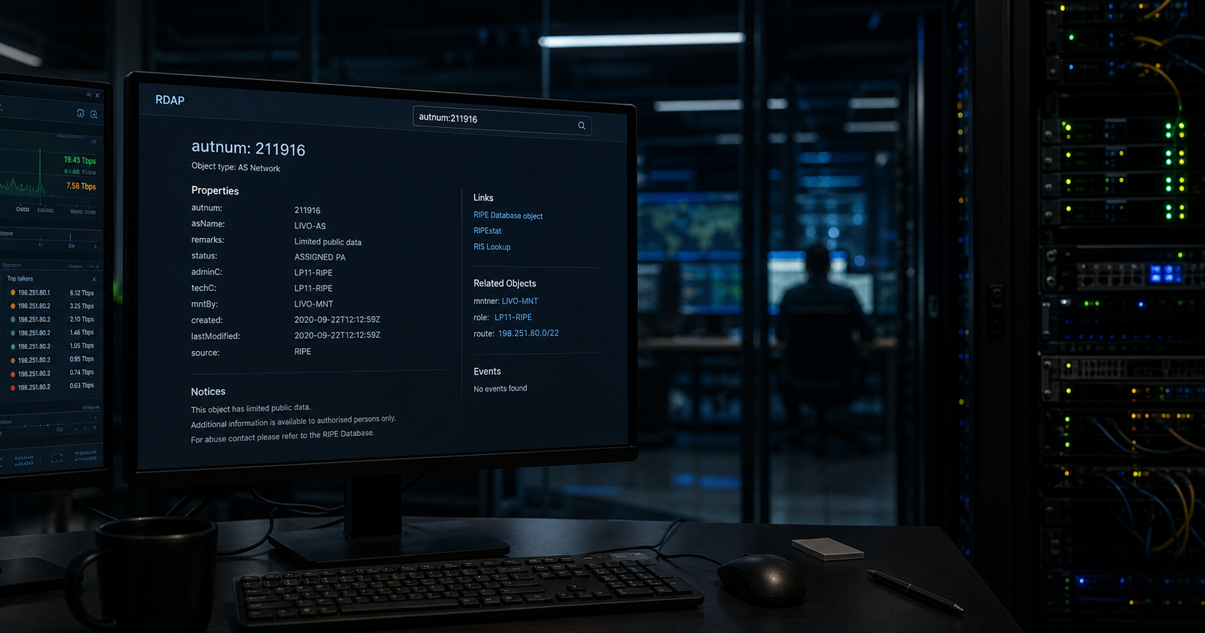 A dimly lit server room with a monitor displaying a RIPE NCC registry entry for AS211916, emphasizing the limited public view of the contact Liviu Poenaru.
