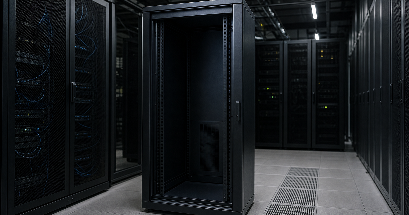 A dimly lit server room with an empty rack, one patch panel faintly illuminated, overlaid with translucent text 'WHG-USE2' and 'AS211912' fading at the edges.