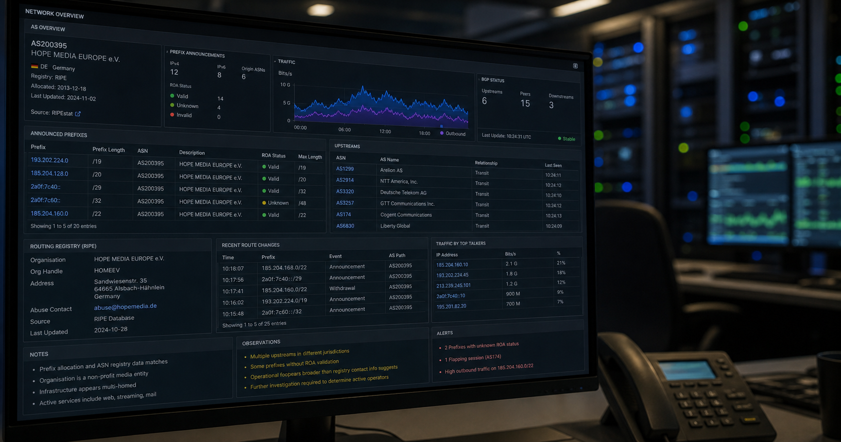 Dimly lit network operations center with a close-up of a monitor displaying the RIPE NCC RDAP record for AS211909, highlighting Hope Media Europe e.V.