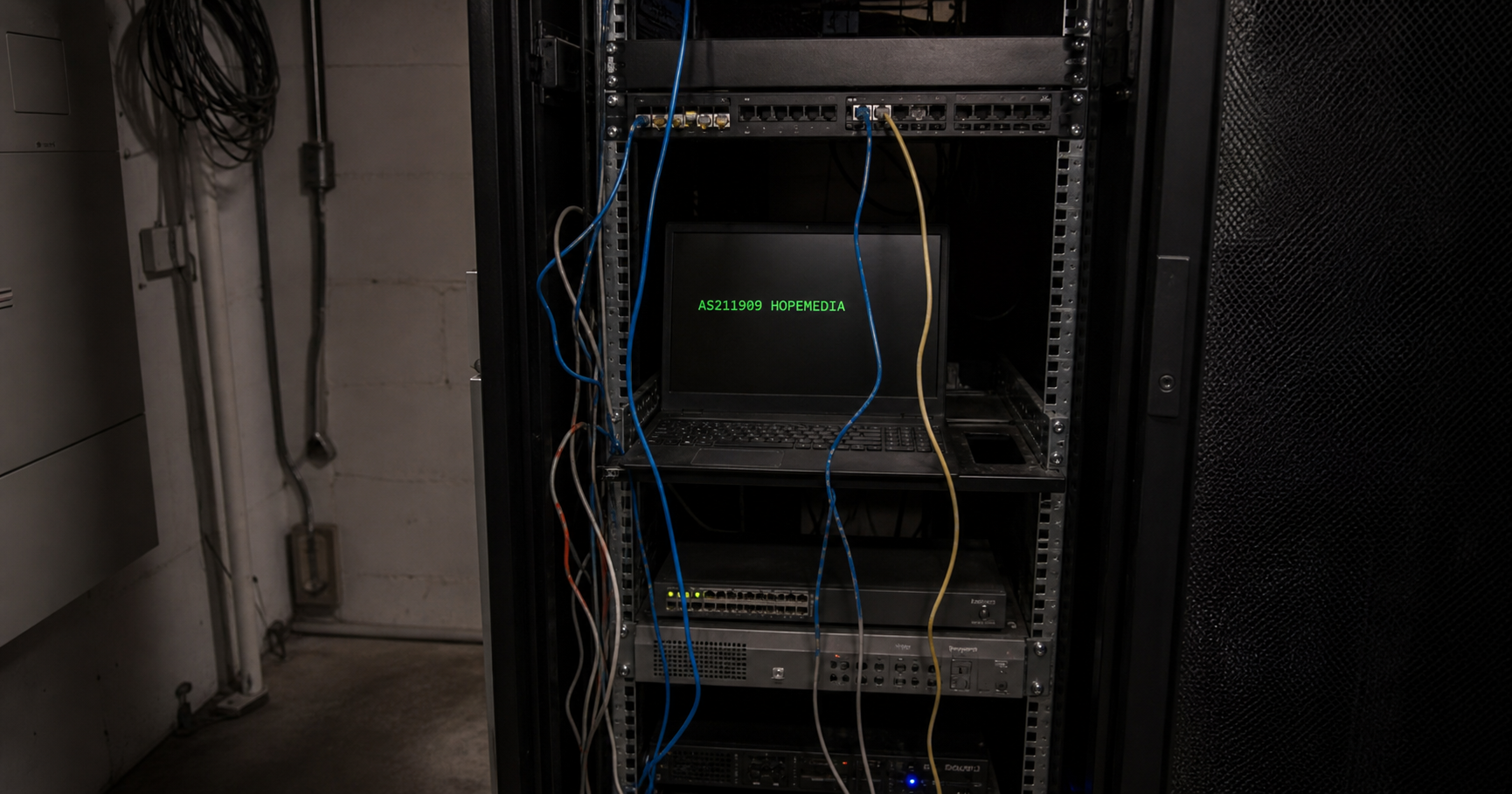 A dark data center room with one server rack, showing the AS211909 and HOPEMEDIA label on a monitor, with most cables unplugged, indicating limited activity.