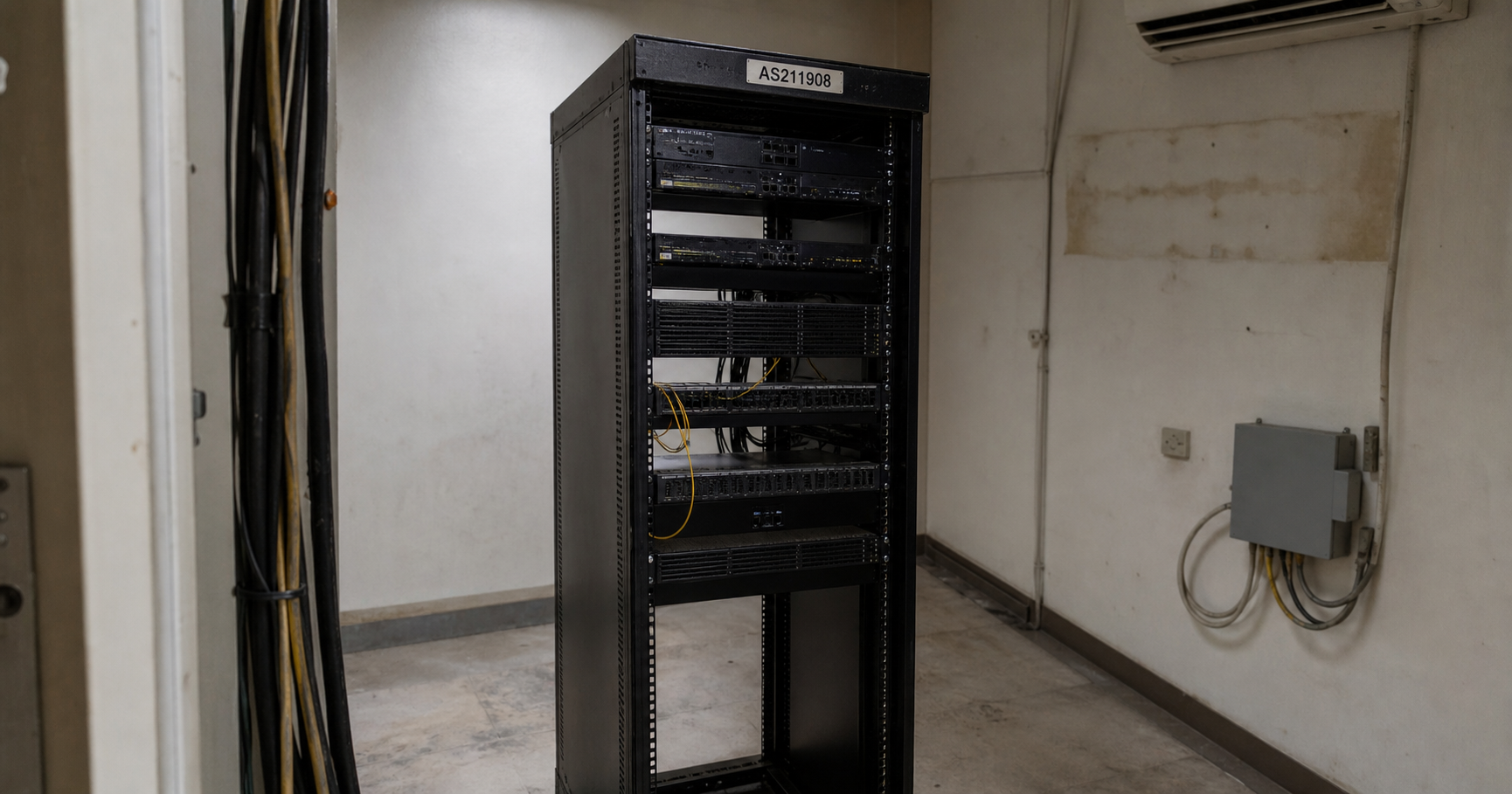 A silent, dimly lit telecom rack labeled AS211908 stands unused with a caution stripe on the floor; a CRT monitor shows the dormant RIPE database entry for Horizon Scope Mobile Telecom WLL.