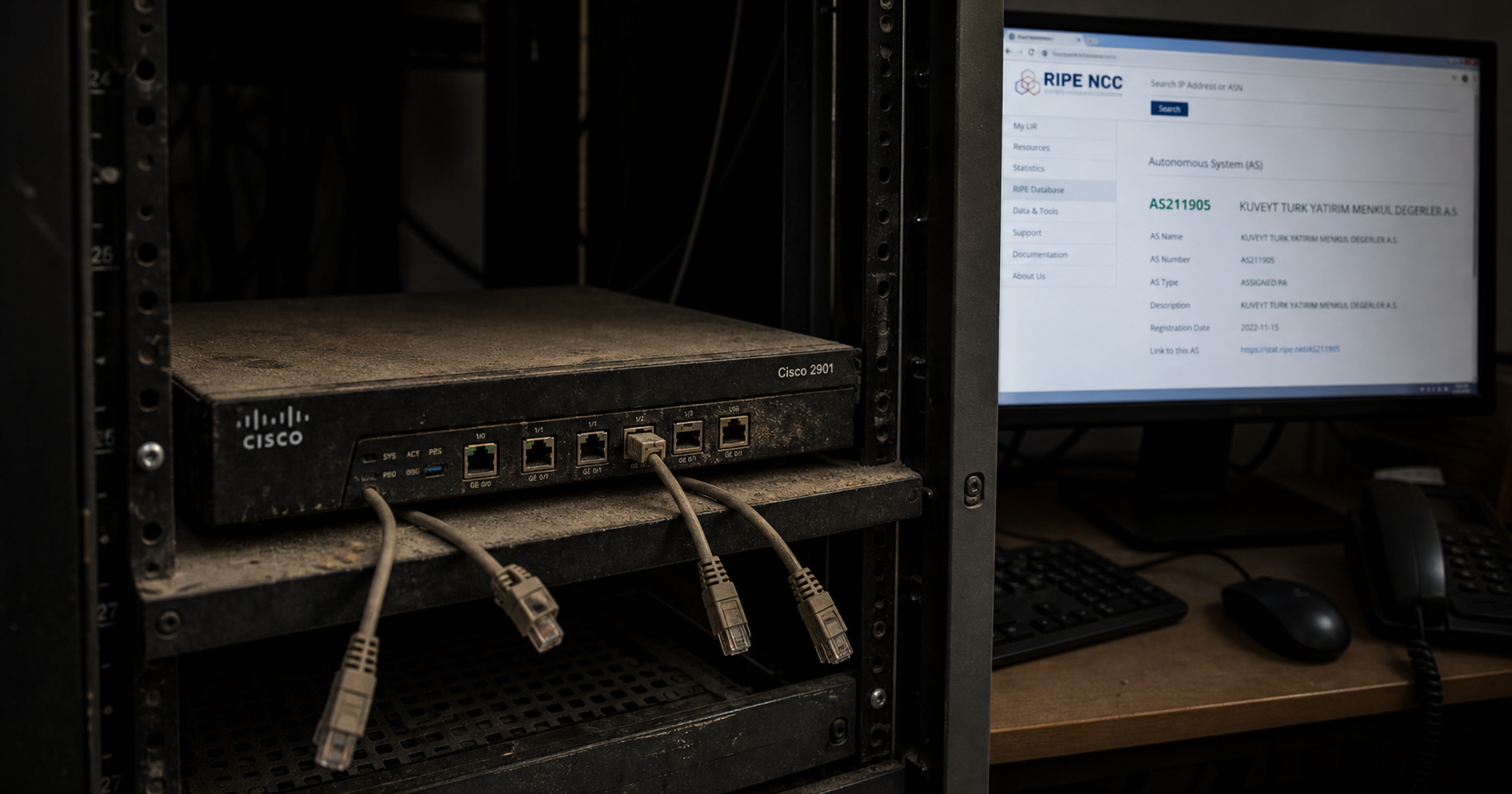 A darkened data room with a single unlit, dust-covered router on a rack, cables disconnected.