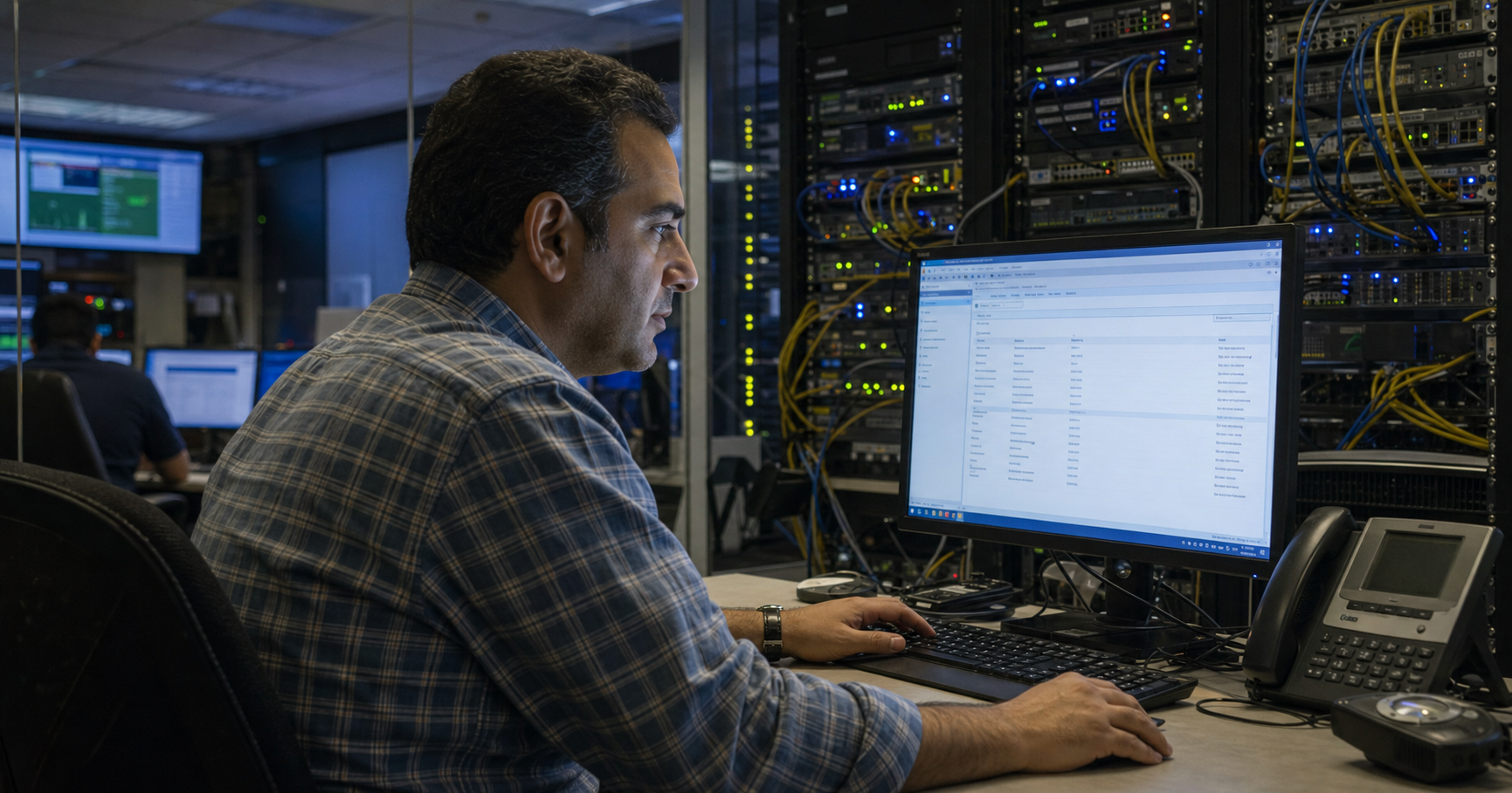 Illustration of a network operations desk with a WHOIS record displayed, representing the human contact behind an autonomous system.