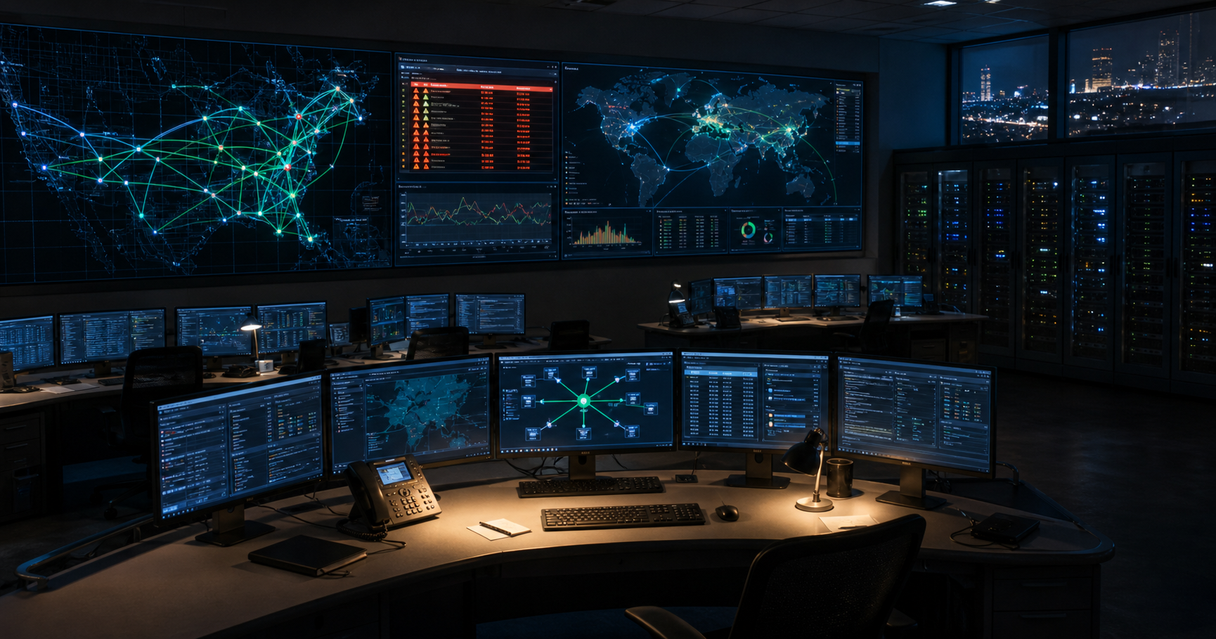 A network operations center at night, showing a technician reviewing the RIPE WHOIS record for AS211896 with the contact 'Paolo Rolando' highlighted.